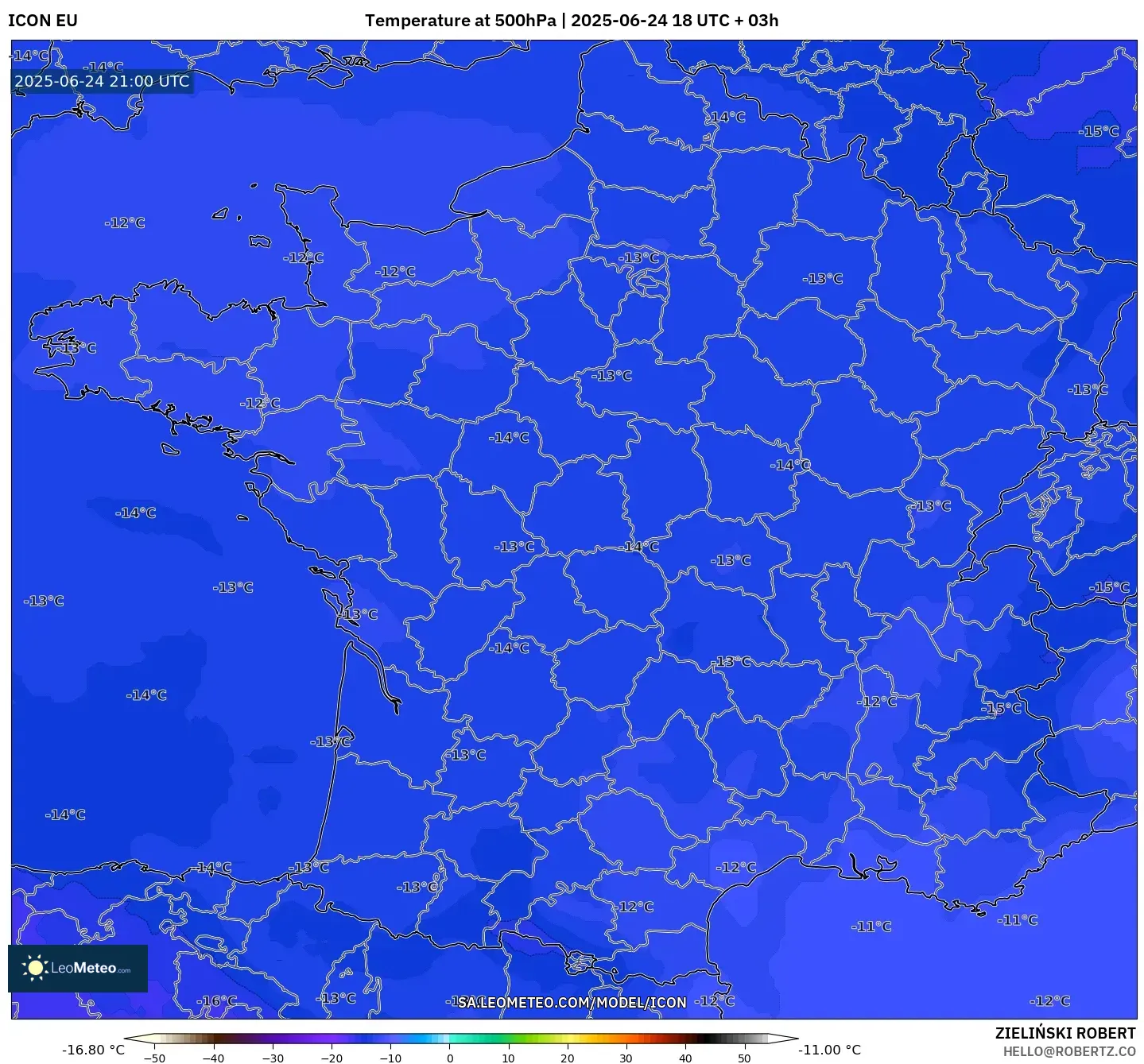 ICON model - France, Temperature at 500hPa ICON model - France, Temperature at 500hPa