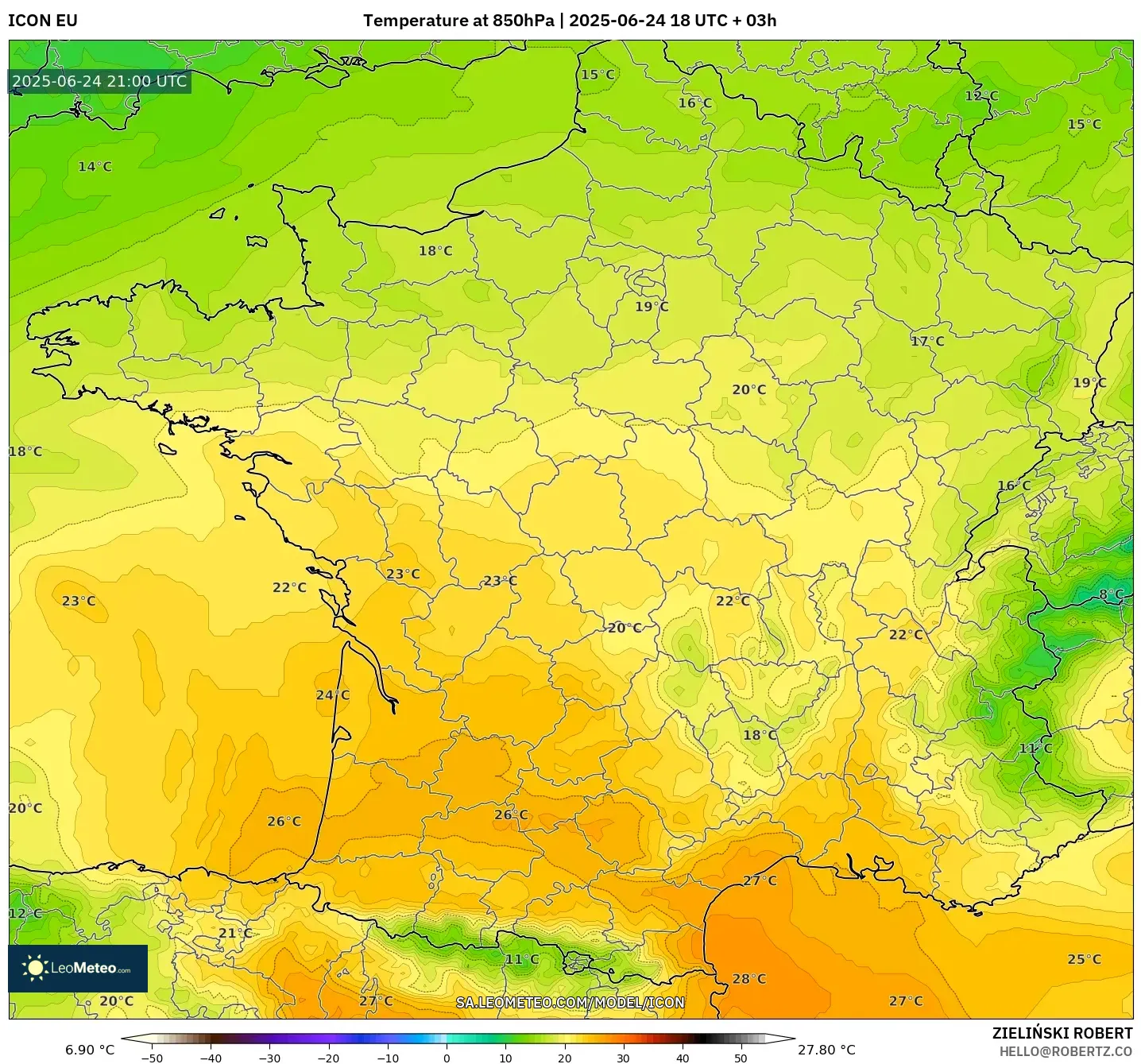 ICON model - France, Temperature at 850hPa ICON model - France, Temperature at 850hPa