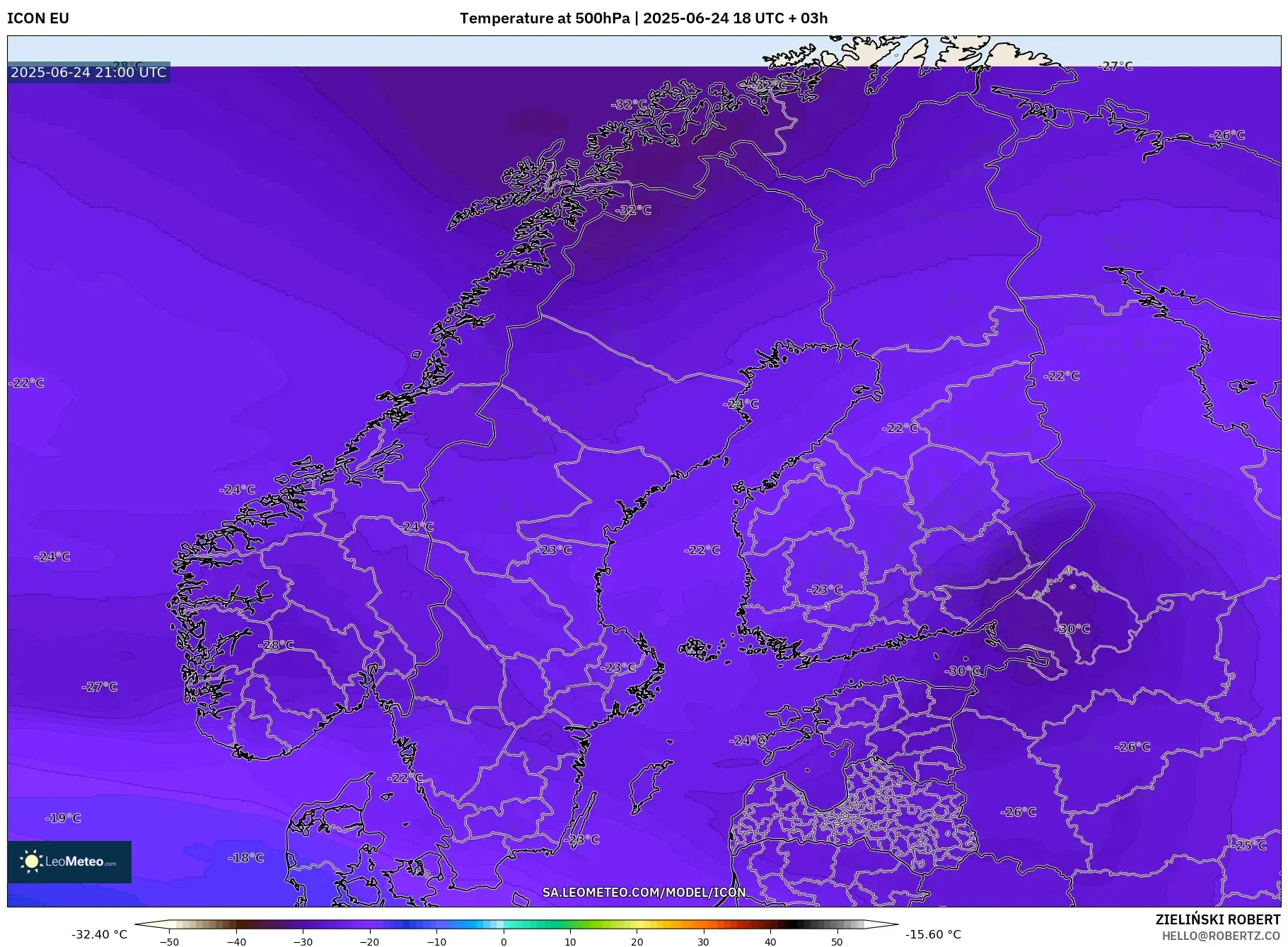 ICON model - Scandinavia, Temperature at 500hPa ICON model - Scandinavia, Temperature at 500hPa