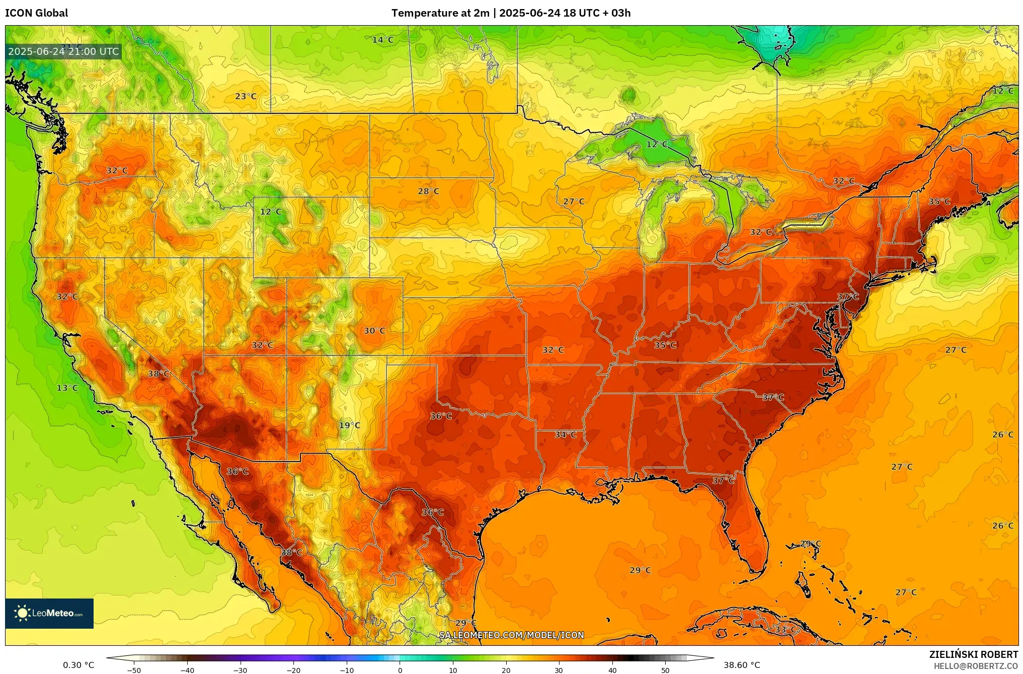 ICON model - United States, Temperature at 2m ICON model - United States, Temperature at 2m