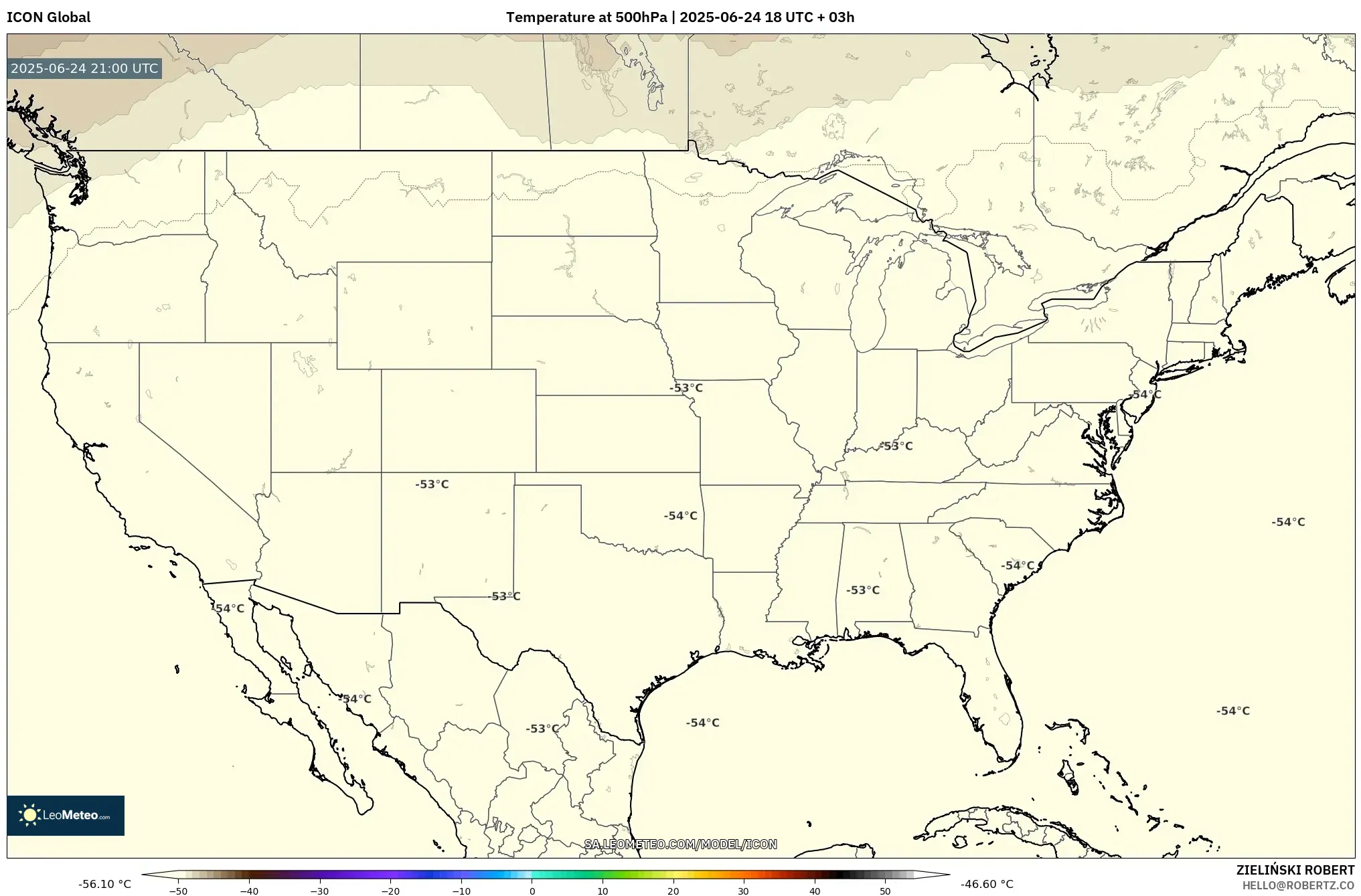 ICON model - United States, Temperature at 500hPa ICON model - United States, Temperature at 500hPa