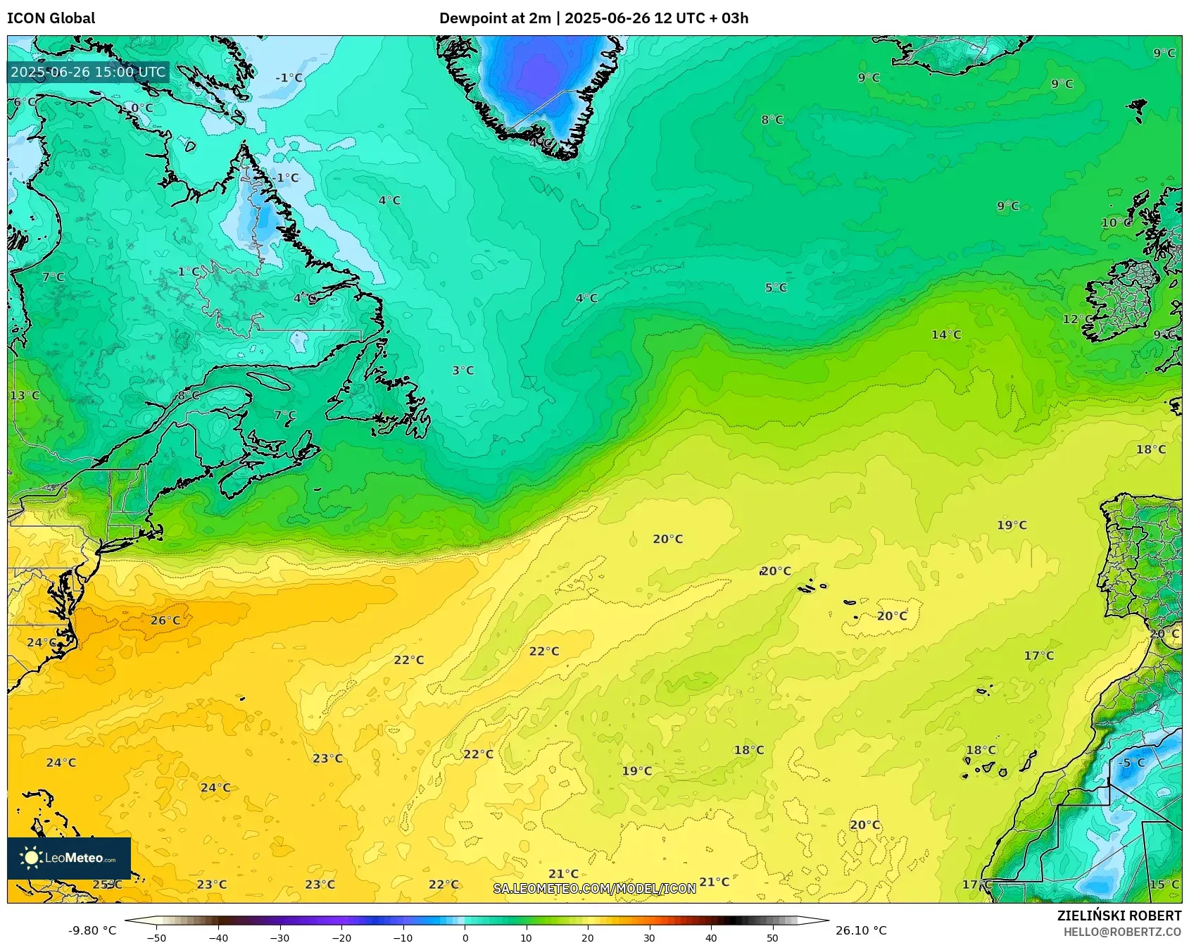 ICON model - North Atlantic, Dewpoint at 2m ICON model - North Atlantic, Dewpoint at 2m