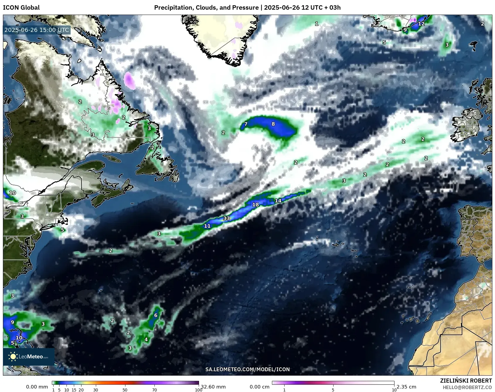 ICON model - North Atlantic, Precipitation, Clouds, and Pressure ICON model - North Atlantic, Precipitation, Clouds, and Pressure
