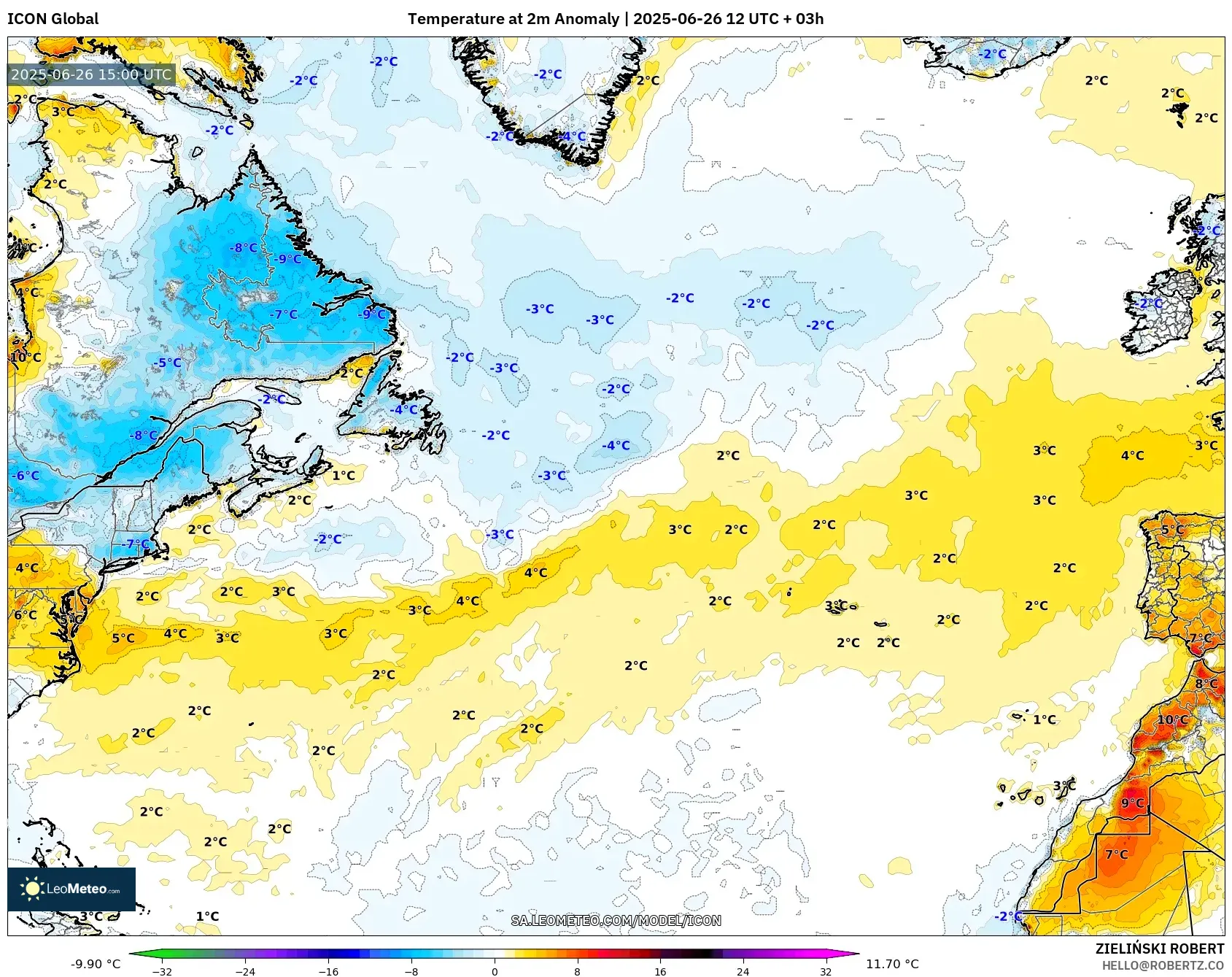 ICON model - North Atlantic, Temperature at 2m Anomaly ICON model - North Atlantic, Temperature at 2m Anomaly