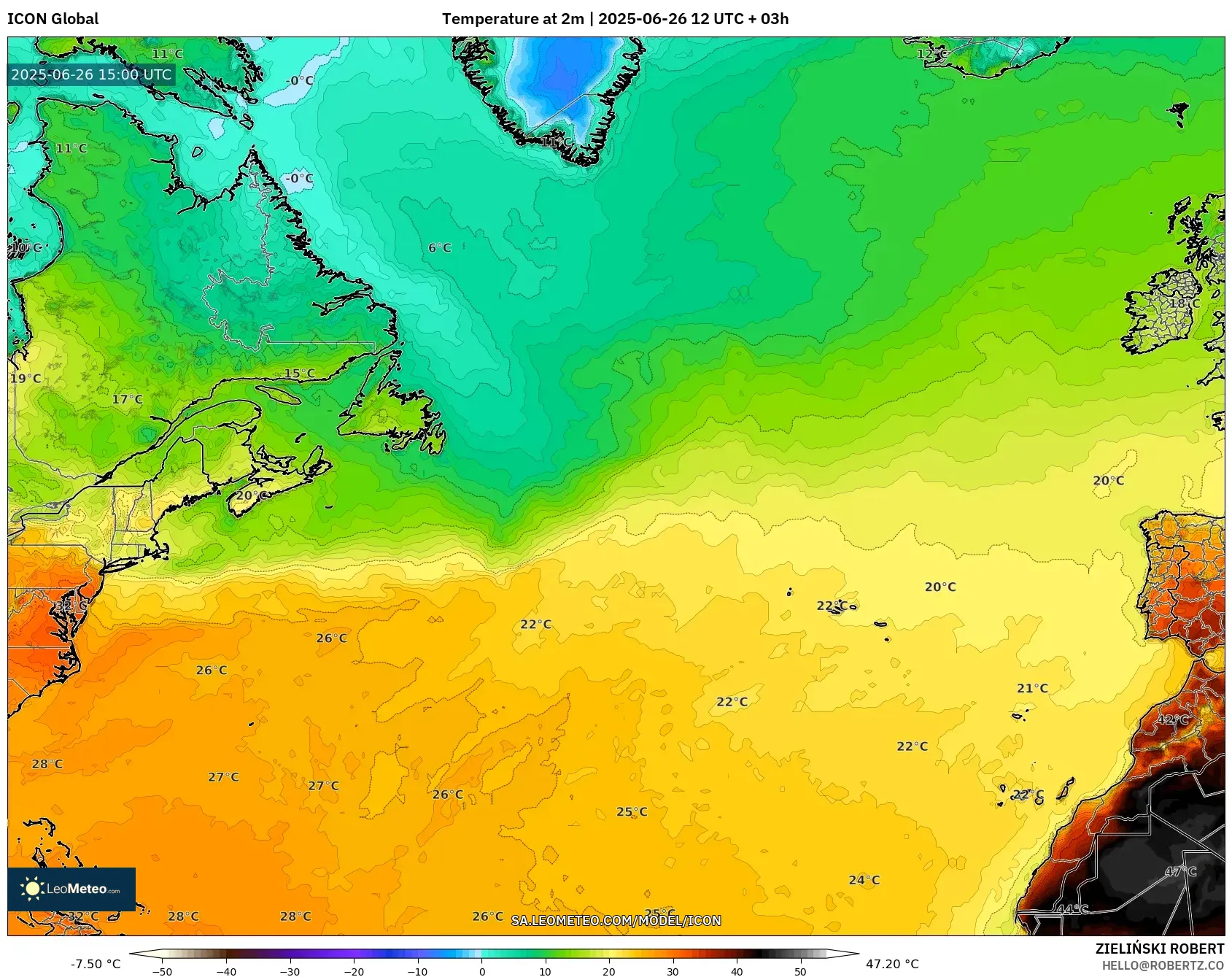 ICON model - North Atlantic, Temperature at 2m ICON model - North Atlantic, Temperature at 2m