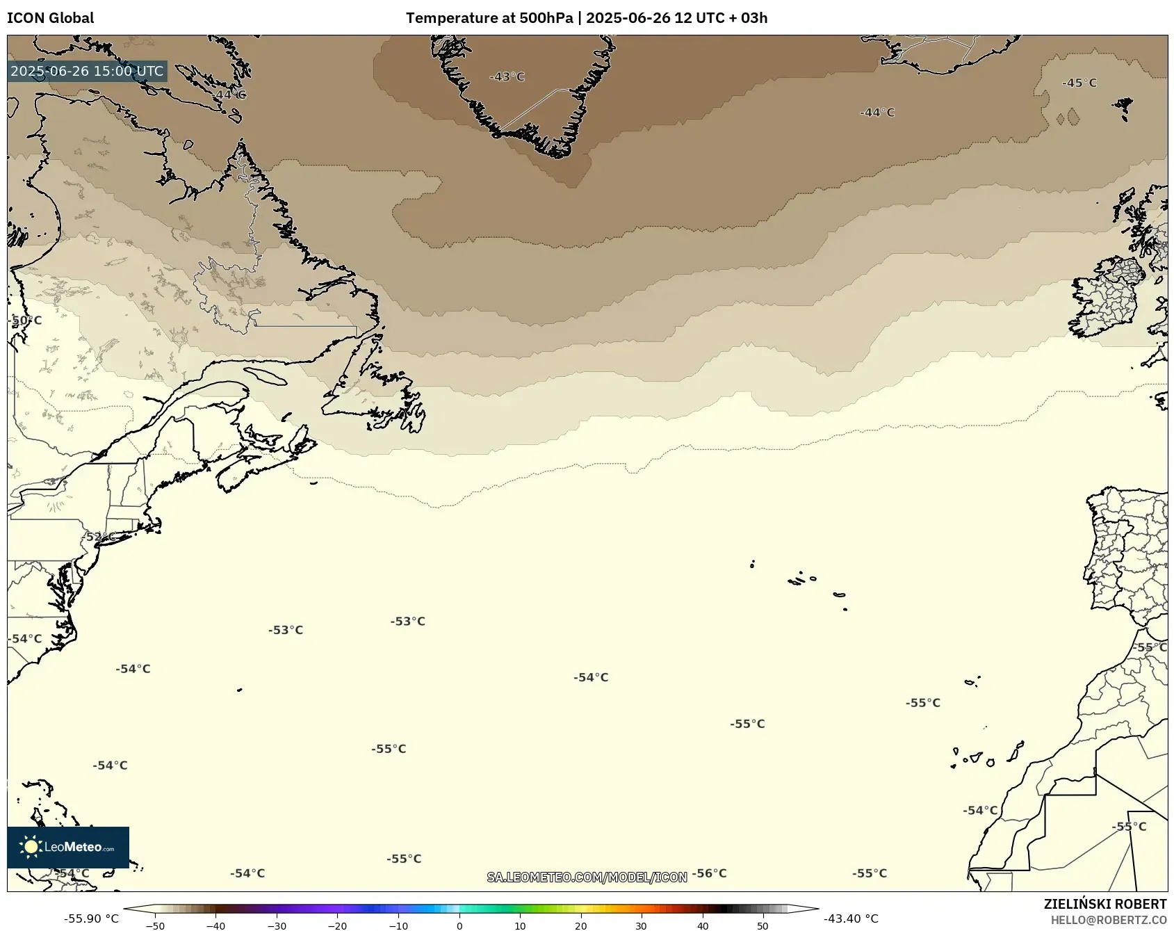 ICON model - North Atlantic, Temperature at 500hPa ICON model - North Atlantic, Temperature at 500hPa