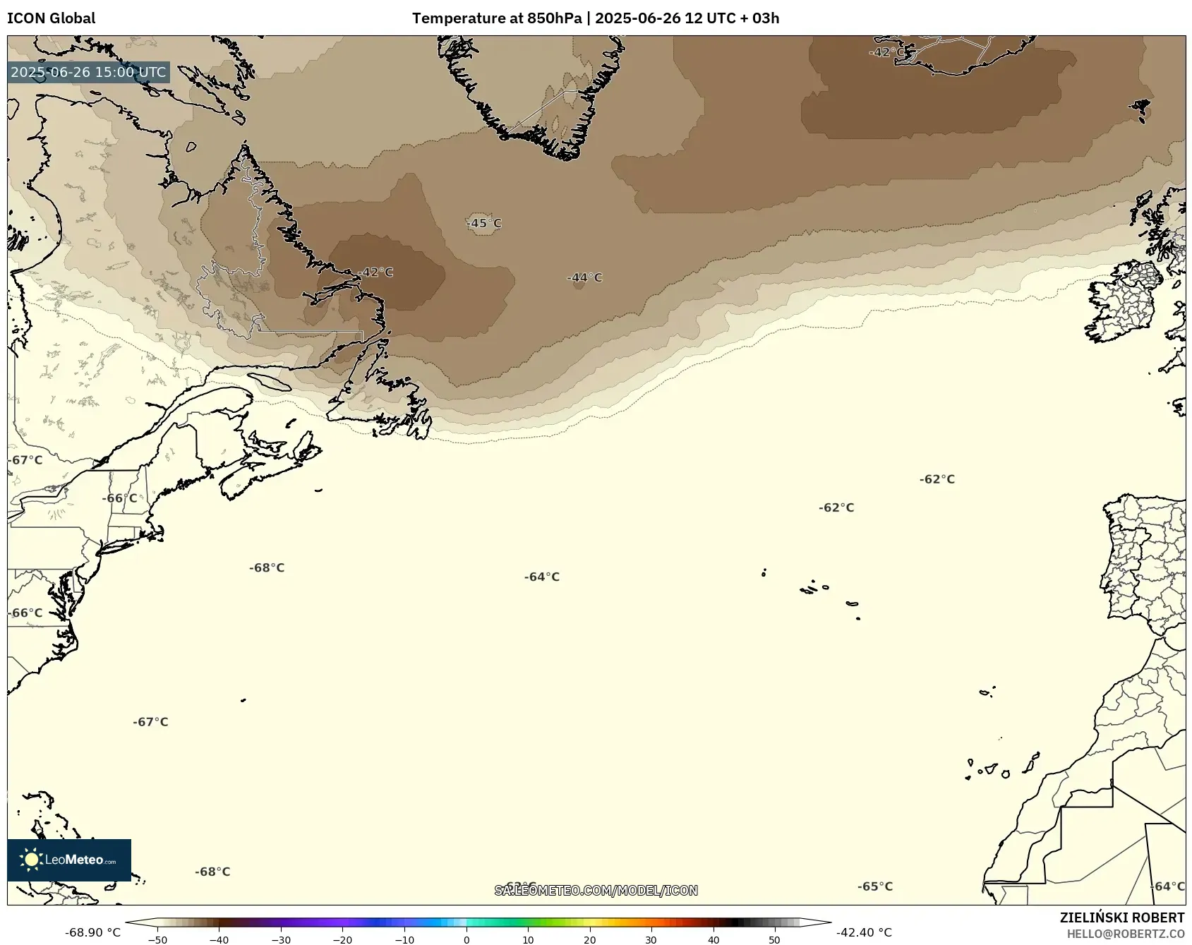 ICON model - North Atlantic, Temperature at 850hPa ICON model - North Atlantic, Temperature at 850hPa