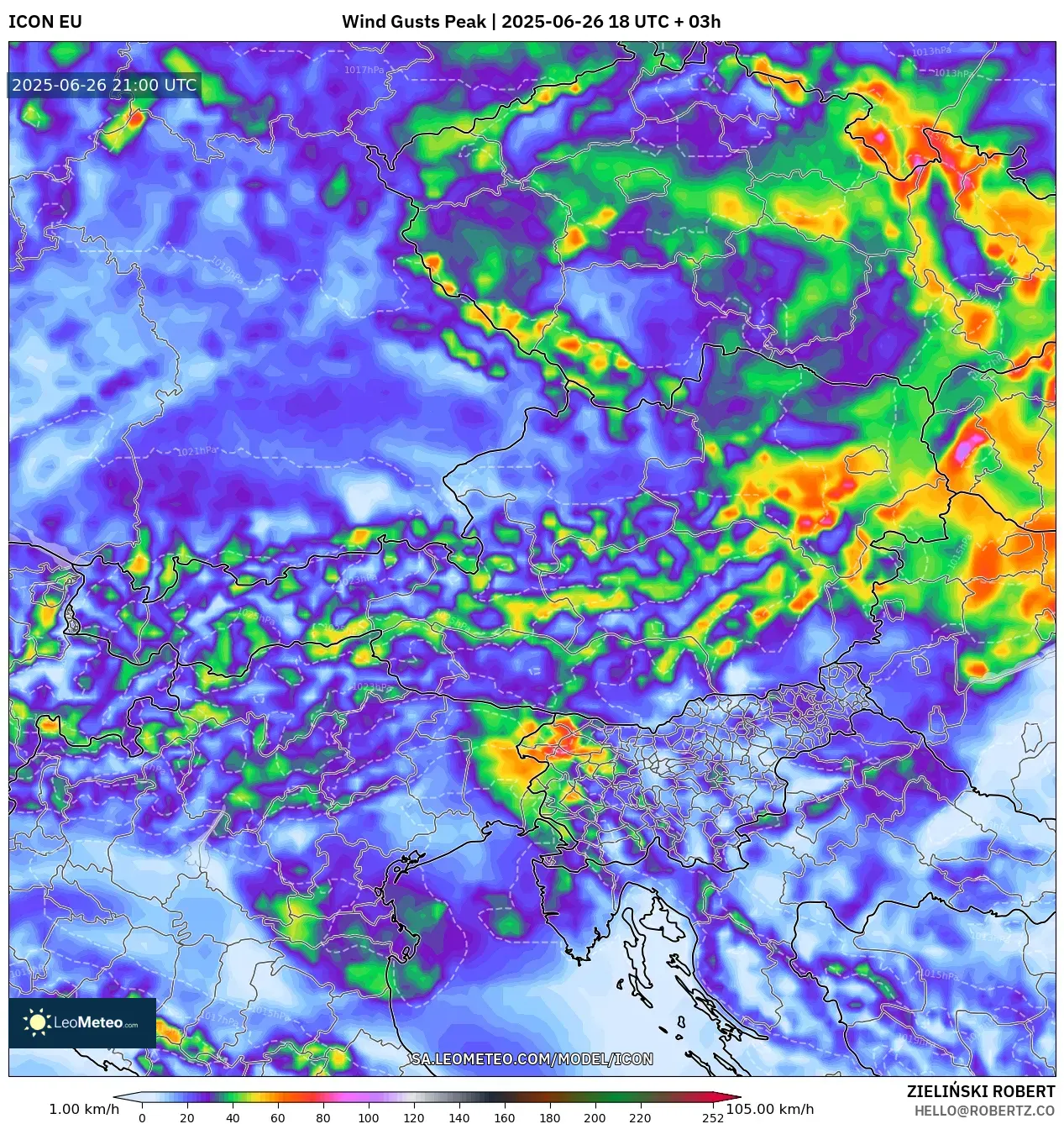 ICON model - Austria, Wind Gusts Peak ICON model - Austria, Wind Gusts Peak