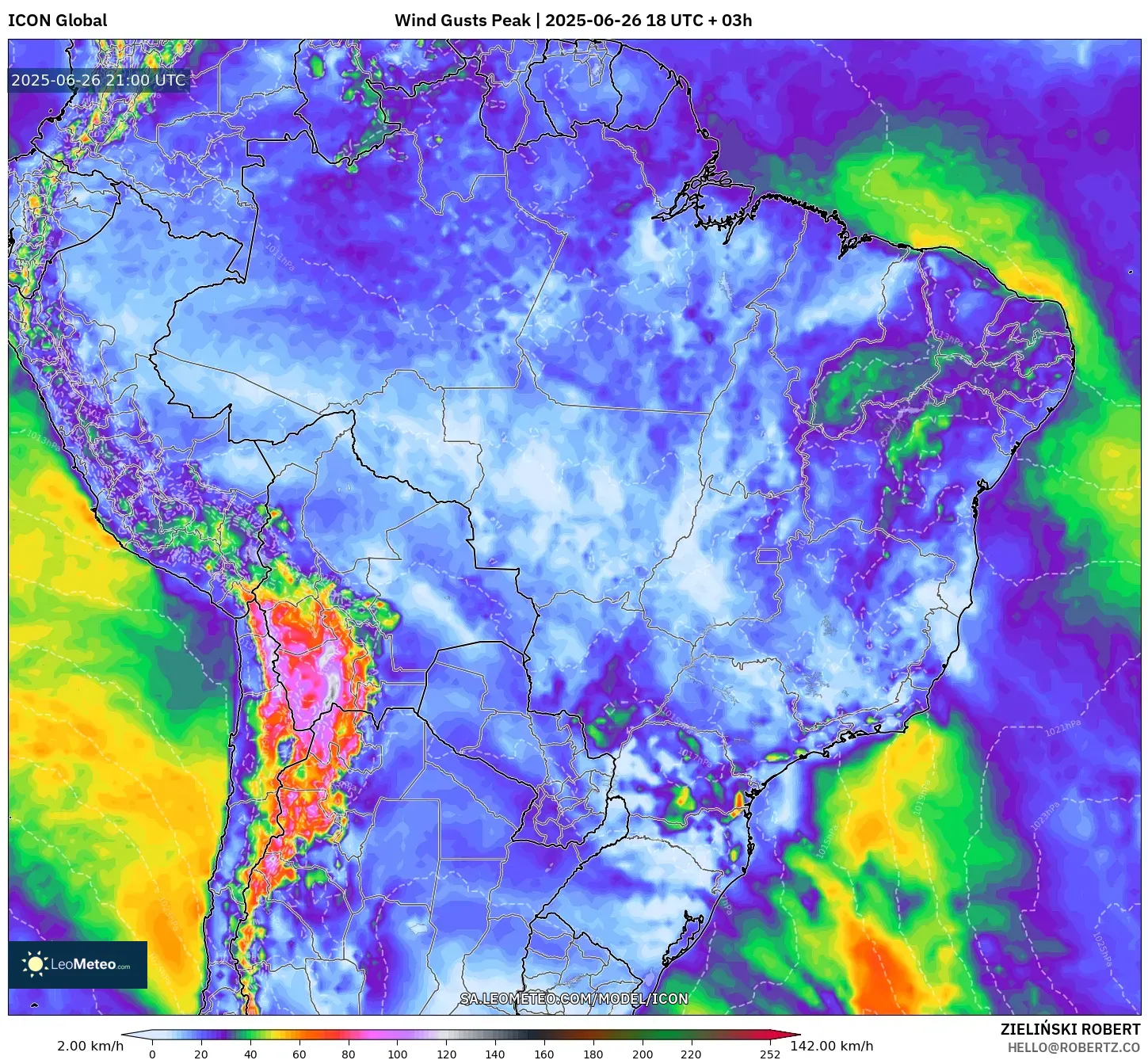 ICON model - Brazil, Wind Gusts Peak ICON model - Brazil, Wind Gusts Peak