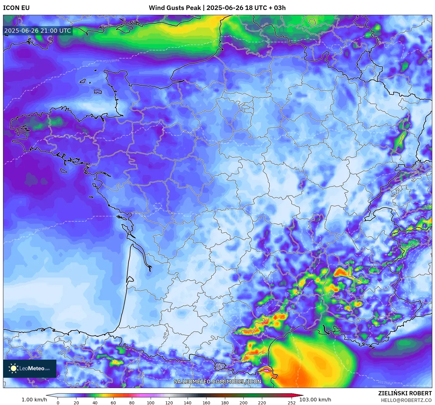 ICON model - France, Wind Gusts Peak ICON model - France, Wind Gusts Peak