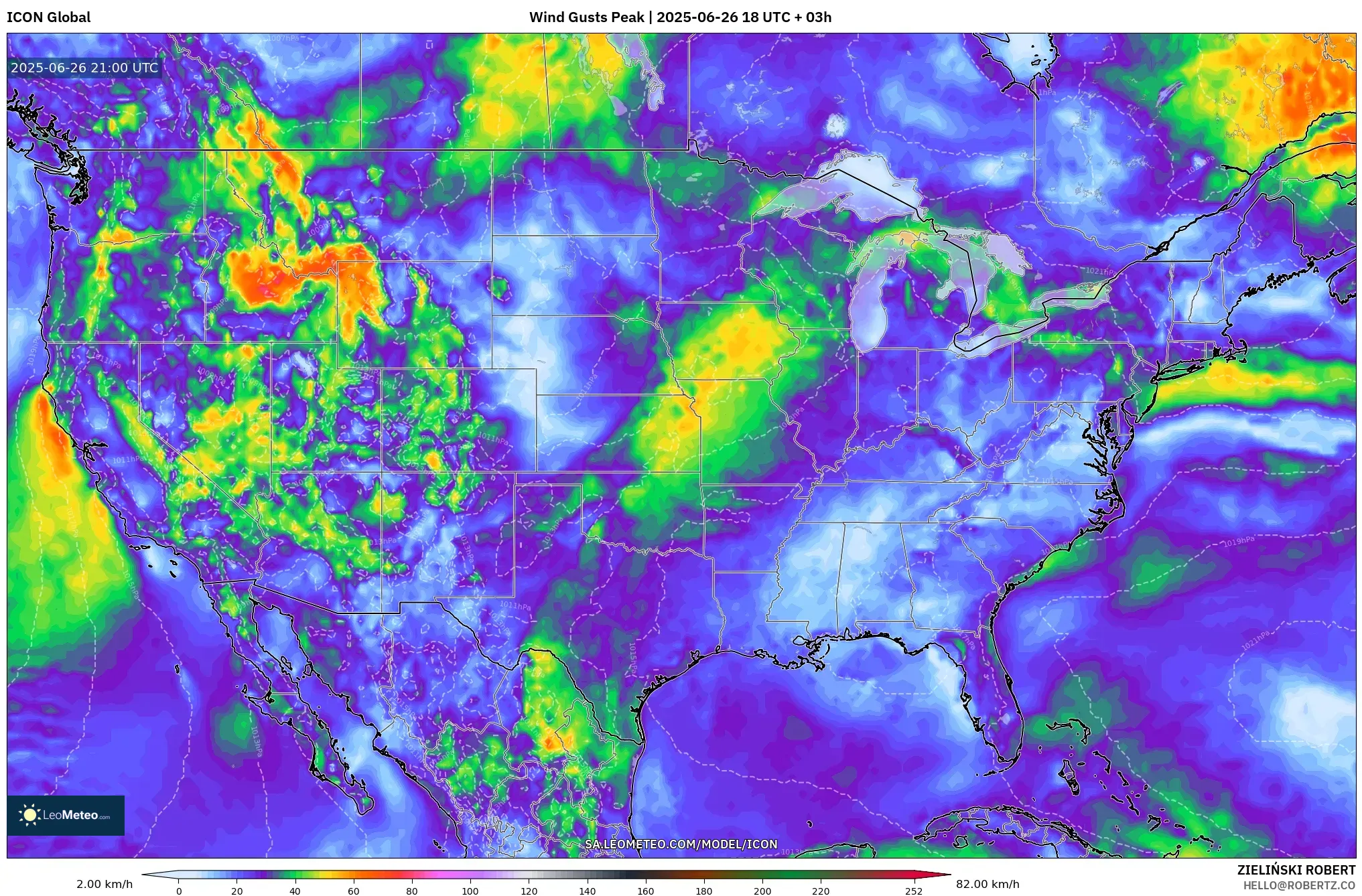 ICON model - United States, Wind Gusts Peak ICON model - United States, Wind Gusts Peak
