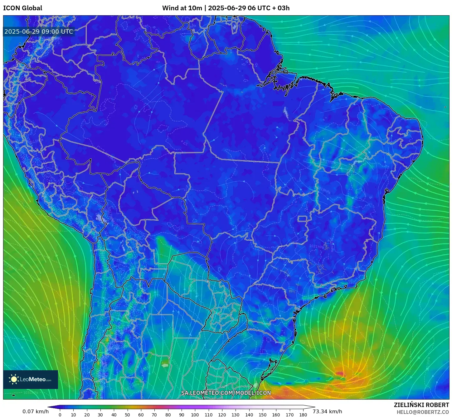 ICON model - Brazil, Wind at 10m