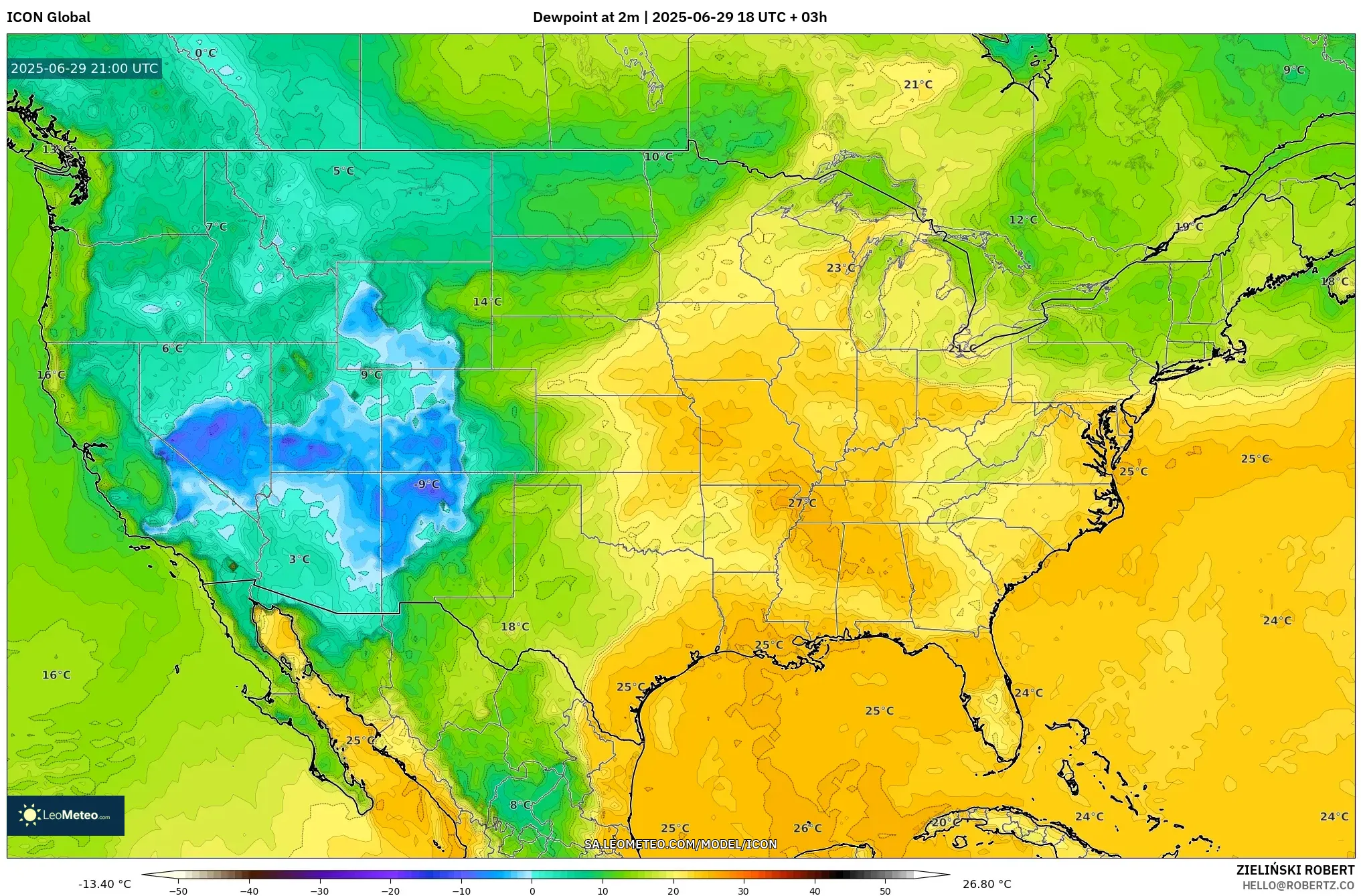 ICON model - United States, Dewpoint at 2m ICON model - United States, Dewpoint at 2m