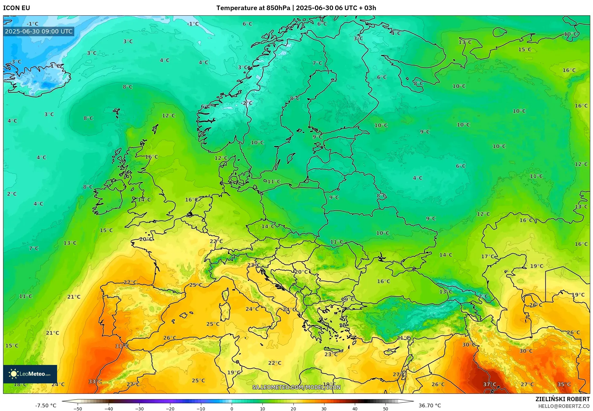 ICON model - Europe, Temperature at 850hPa ICON model - Europe, Temperature at 850hPa