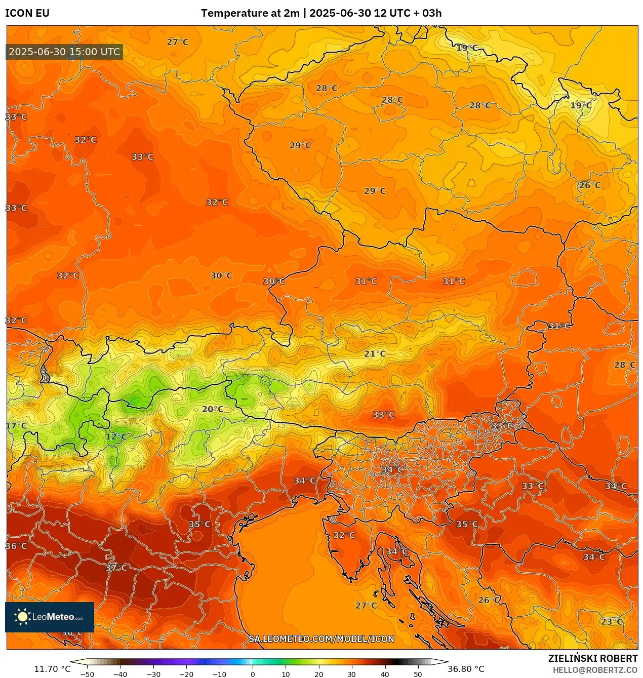 ICON model - Austria, Temperature at 2m ICON model - Austria, Temperature at 2m