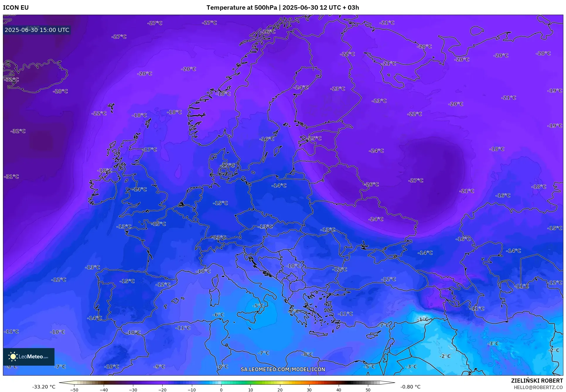 ICON model - Europe, Temperature at 500hPa ICON model - Europe, Temperature at 500hPa
