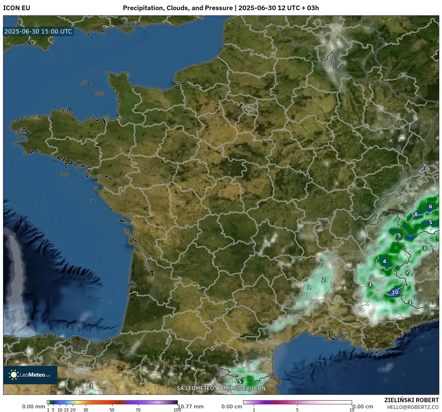 ICON model - France, Precipitation, Clouds, and Pressure ICON model - France, Precipitation, Clouds, and Pressure