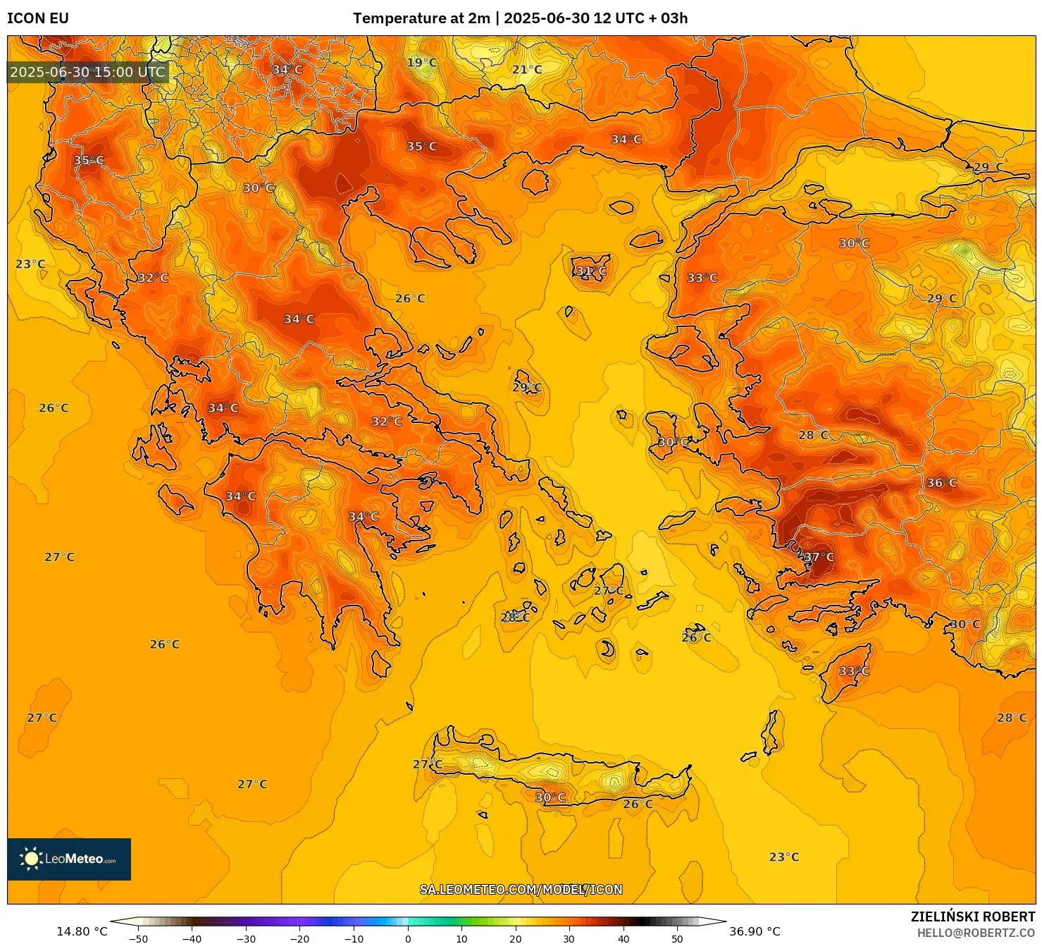 ICON model - Greece, Temperature at 2m ICON model - Greece, Temperature at 2m