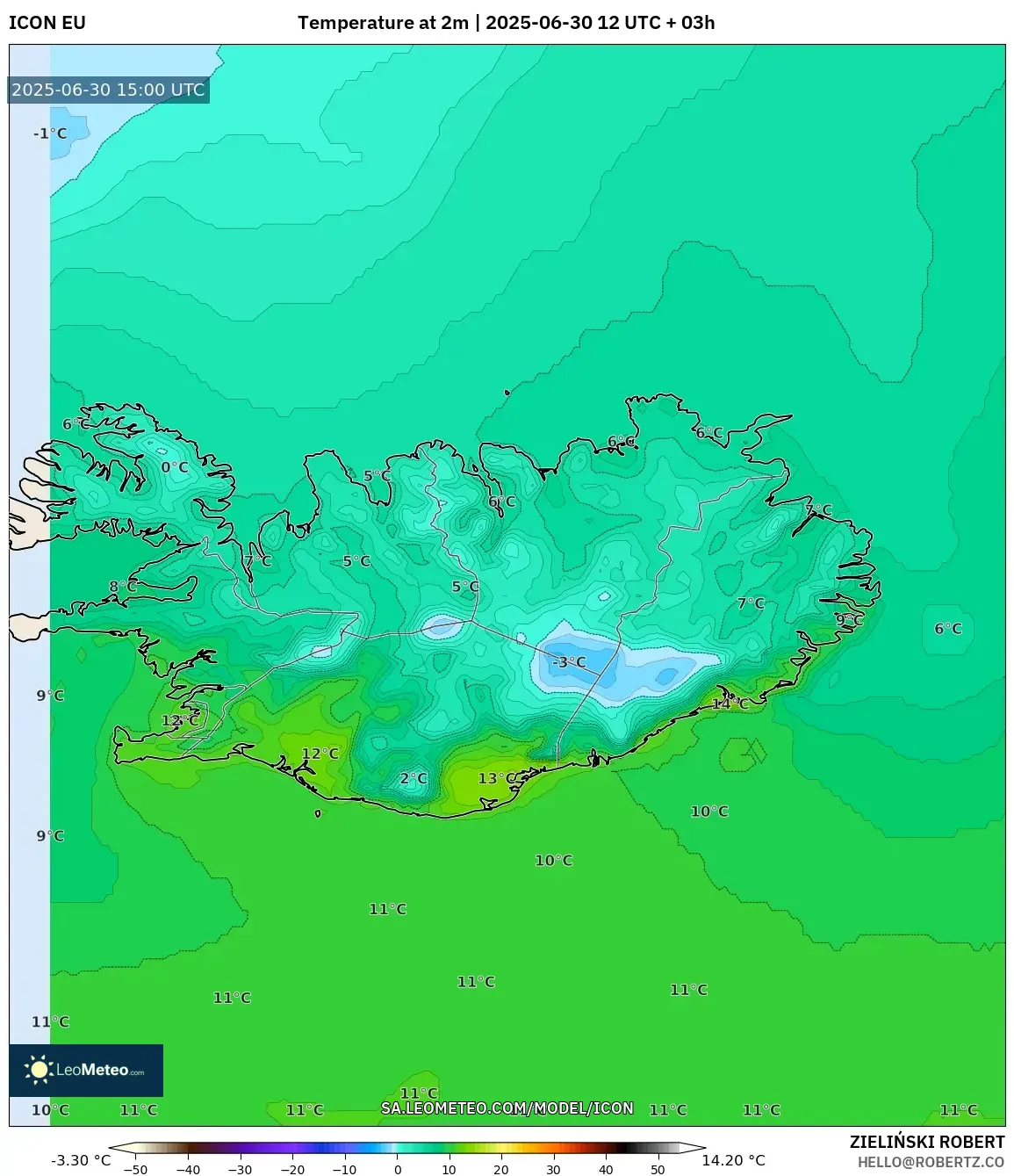 ICON model - Iceland, Temperature at 2m ICON model - Iceland, Temperature at 2m