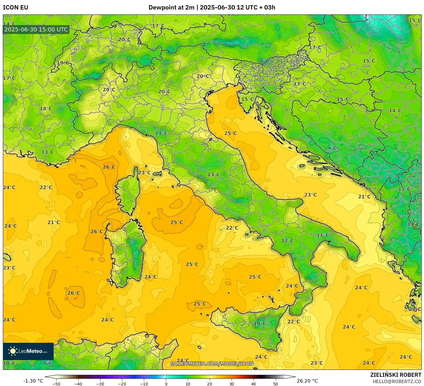 ICON model - Italy, Dewpoint at 2m ICON model - Italy, Dewpoint at 2m