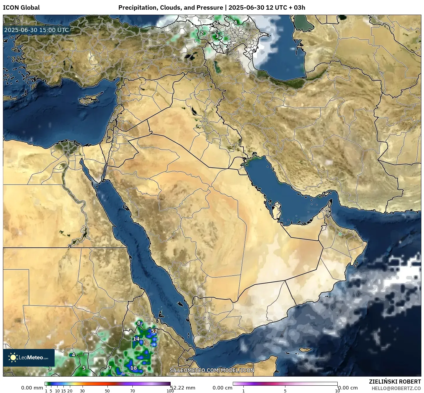 ICON model - Middle East, Precipitation, Clouds, and Pressure ICON model - Middle East, Precipitation, Clouds, and Pressure