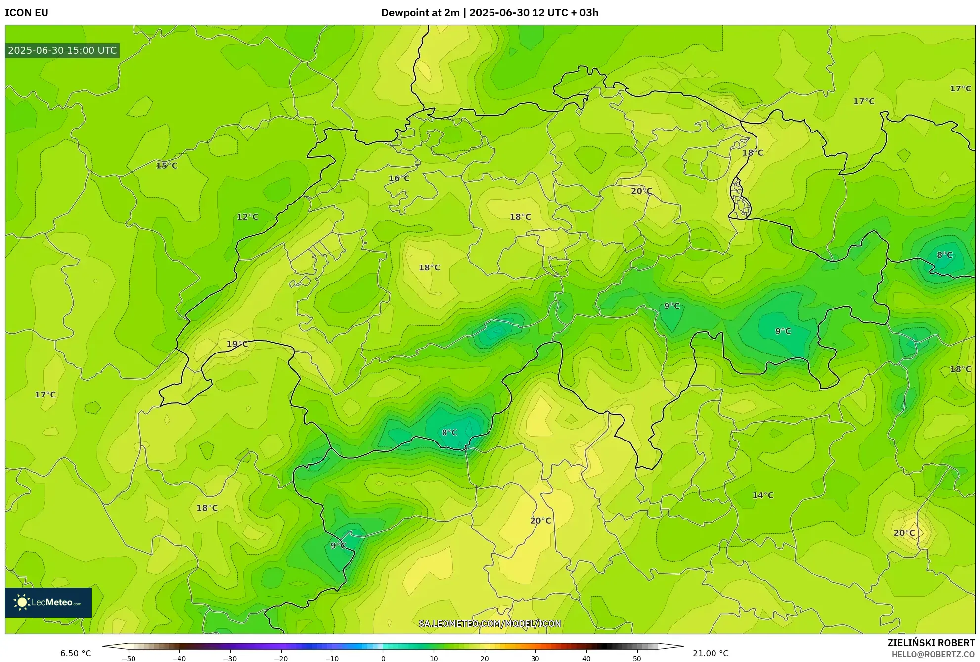 ICON model - Switzerland, Dewpoint at 2m ICON model - Switzerland, Dewpoint at 2m