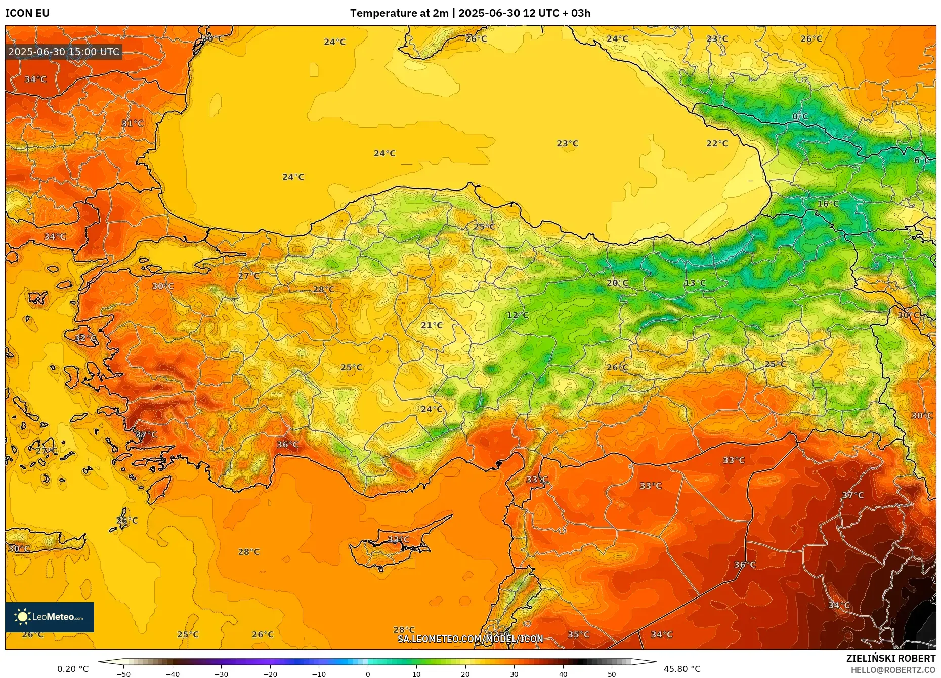 ICON model - Turkey, Temperature at 2m ICON model - Turkey, Temperature at 2m