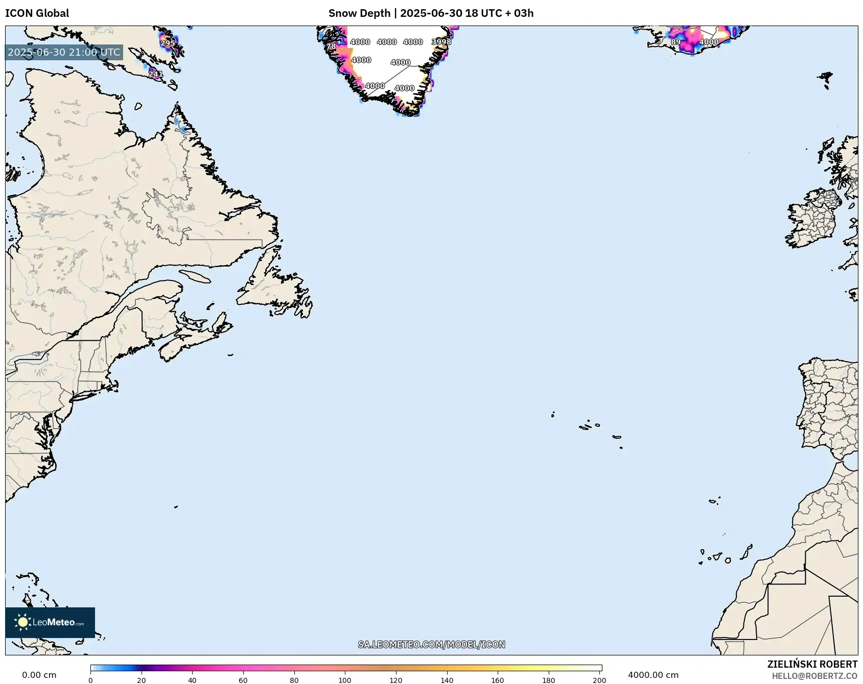 ICON model - North Atlantic, Snow Depth ICON model - North Atlantic, Snow Depth