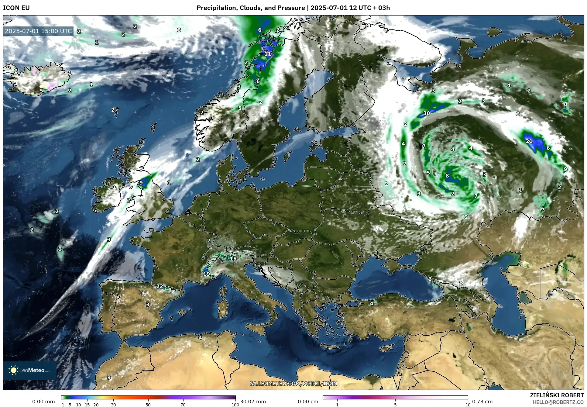 ICON model - Europe, Precipitation, Clouds, and Pressure ICON model - Europe, Precipitation, Clouds, and Pressure