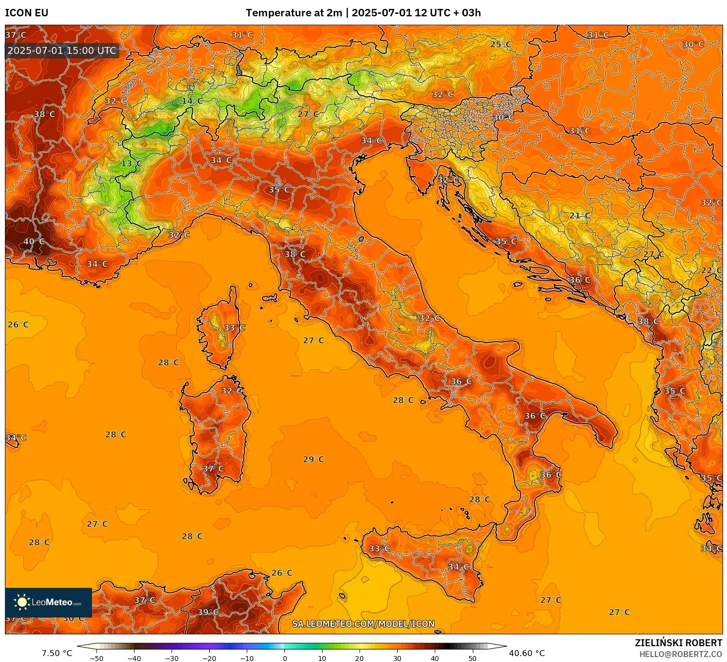 ICON model - Italy, Temperature at 2m ICON model - Italy, Temperature at 2m