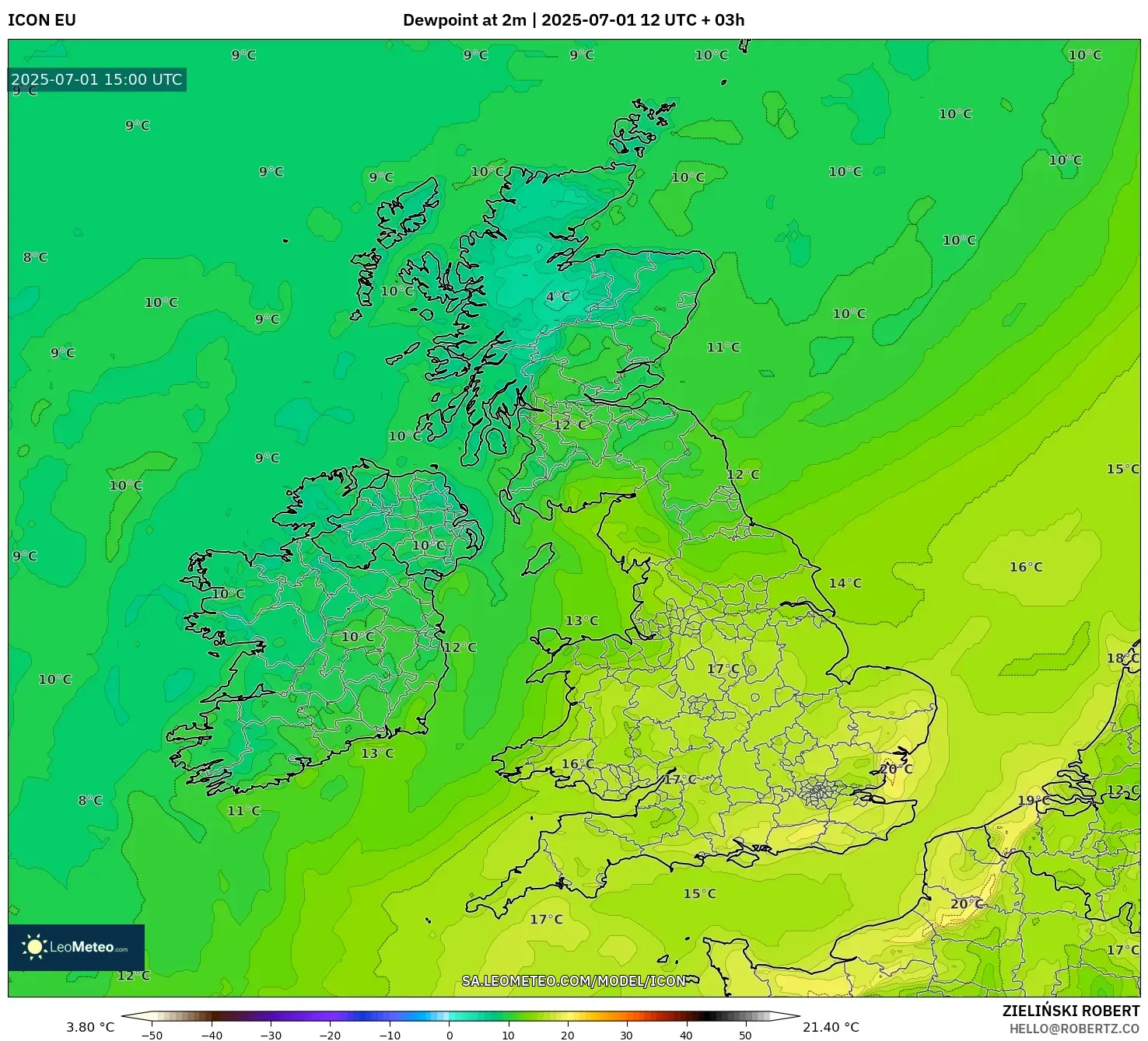 ICON model - United Kingdom, Dewpoint at 2m
