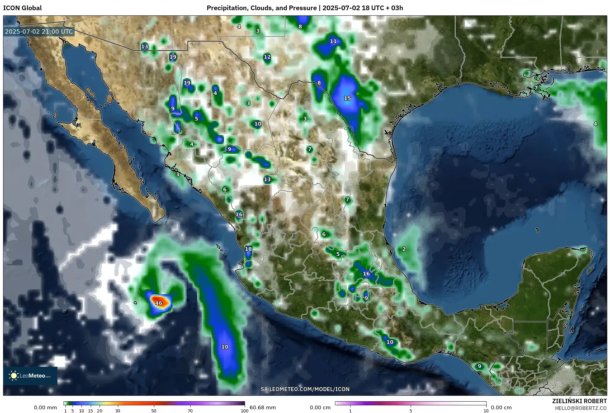 ICON model - Mexico, Precipitation, Clouds, and Pressure