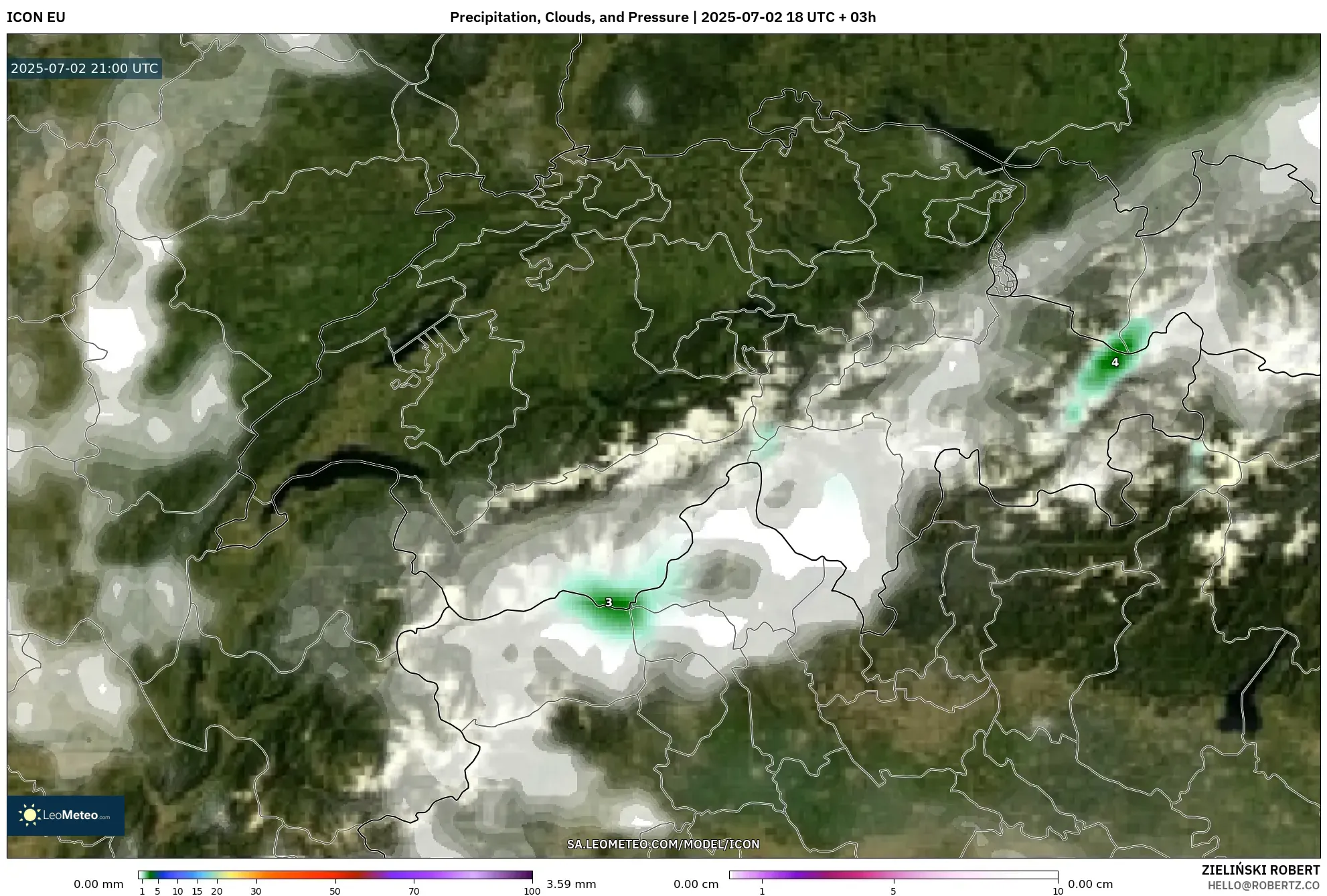 ICON model - Switzerland, Precipitation, Clouds, and Pressure