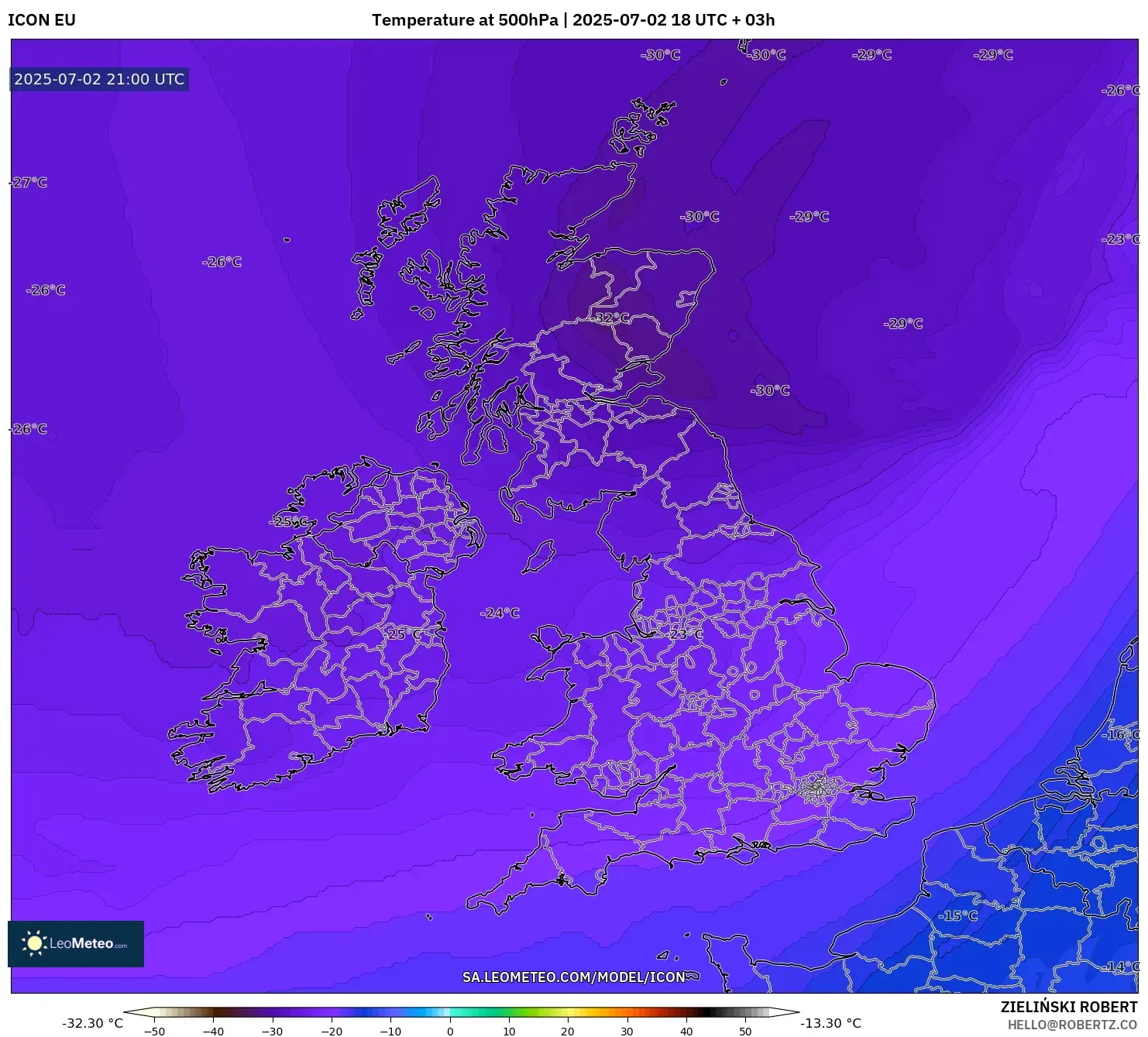 ICON model - United Kingdom, Temperature at 500hPa