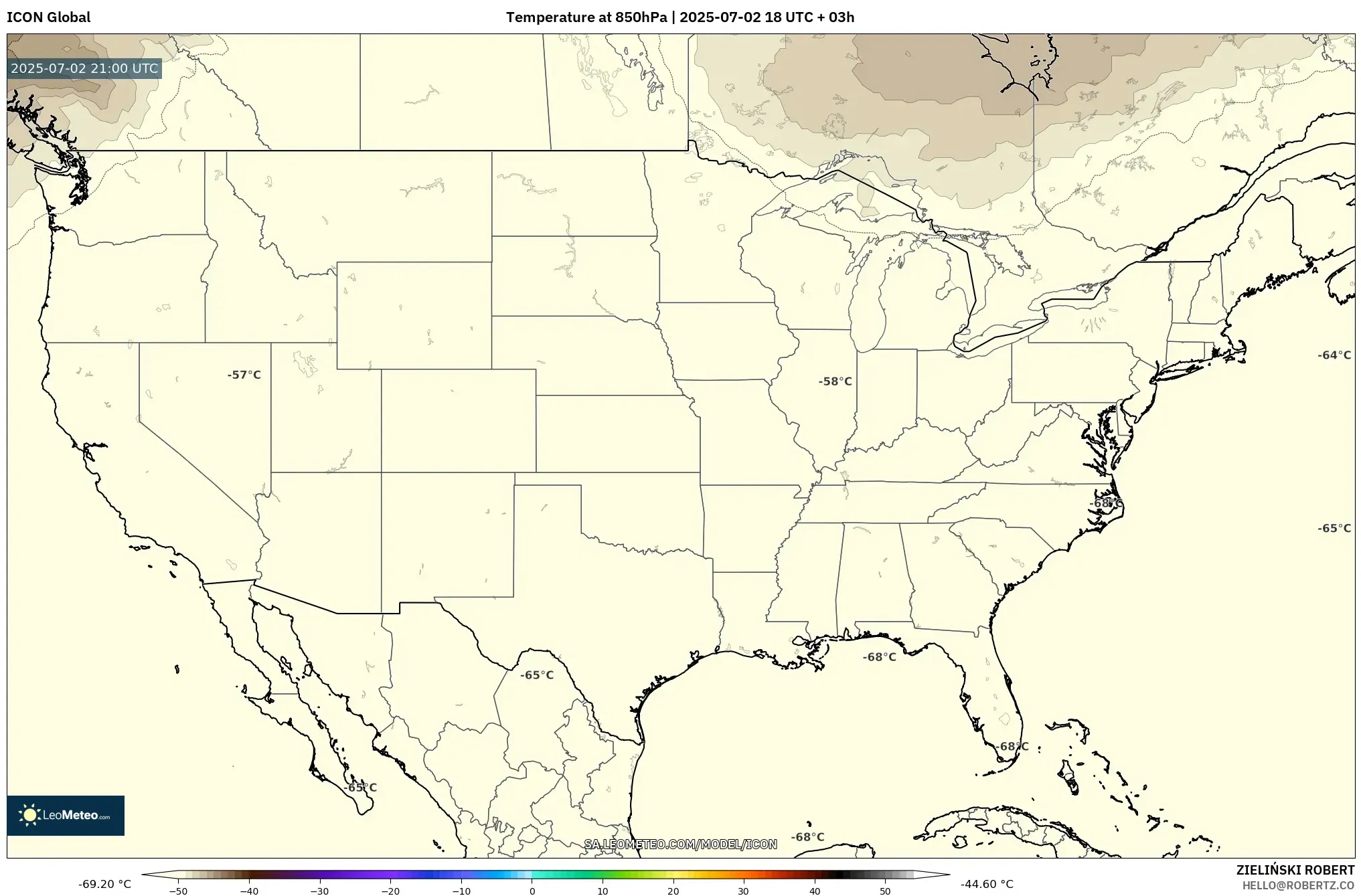ICON model - United States, Temperature at 850hPa