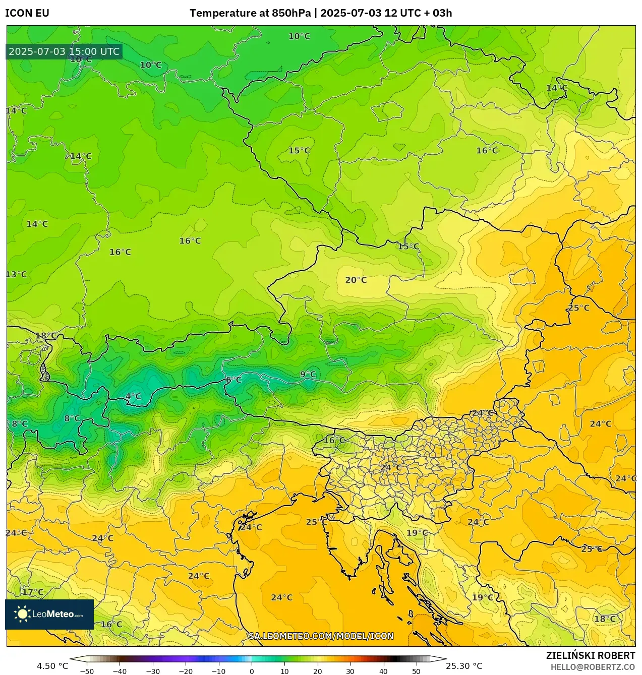 ICON model - Austria, Temperature at 850hPa
