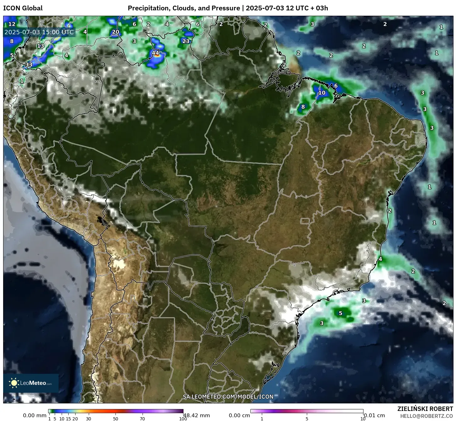 ICON model - Brazil, Precipitation, Clouds, and Pressure