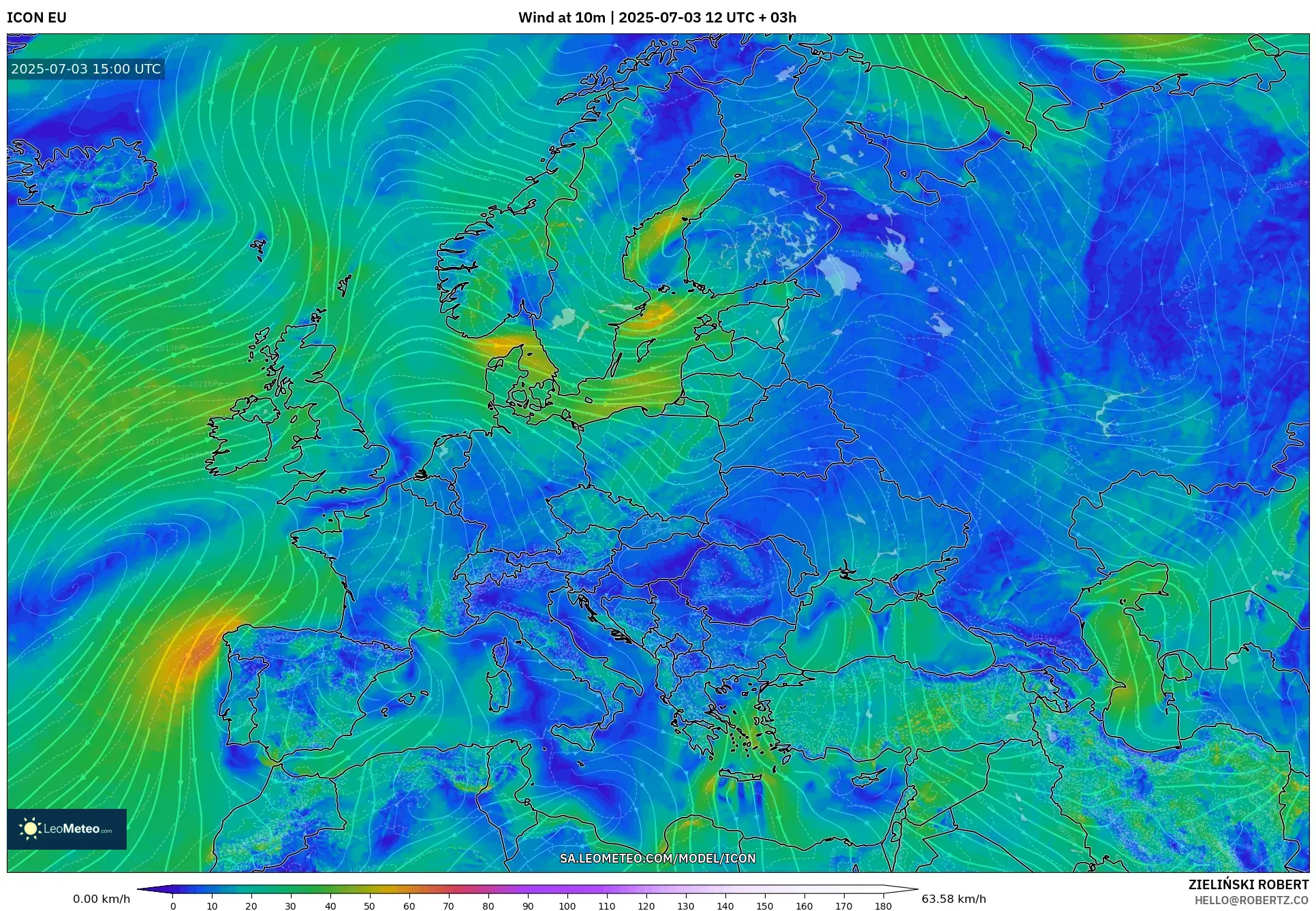 ICON model - Europe, Wind at 10m