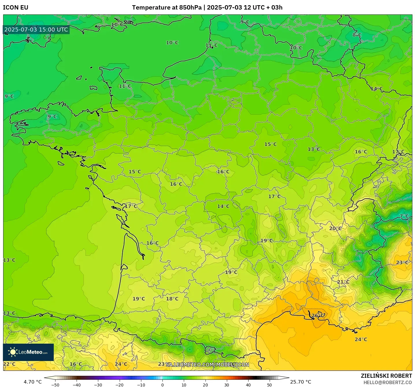 ICON model - France, Temperature at 850hPa