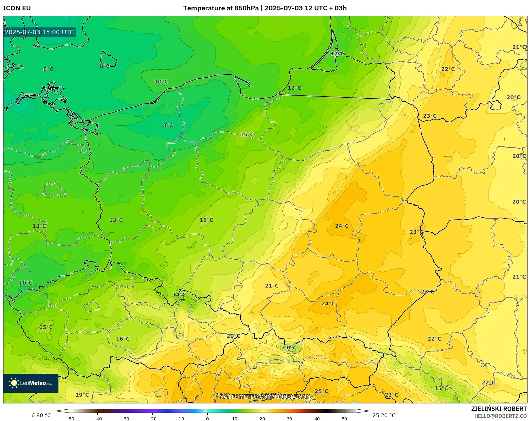 ICON model - Poland, Temperature at 850hPa
