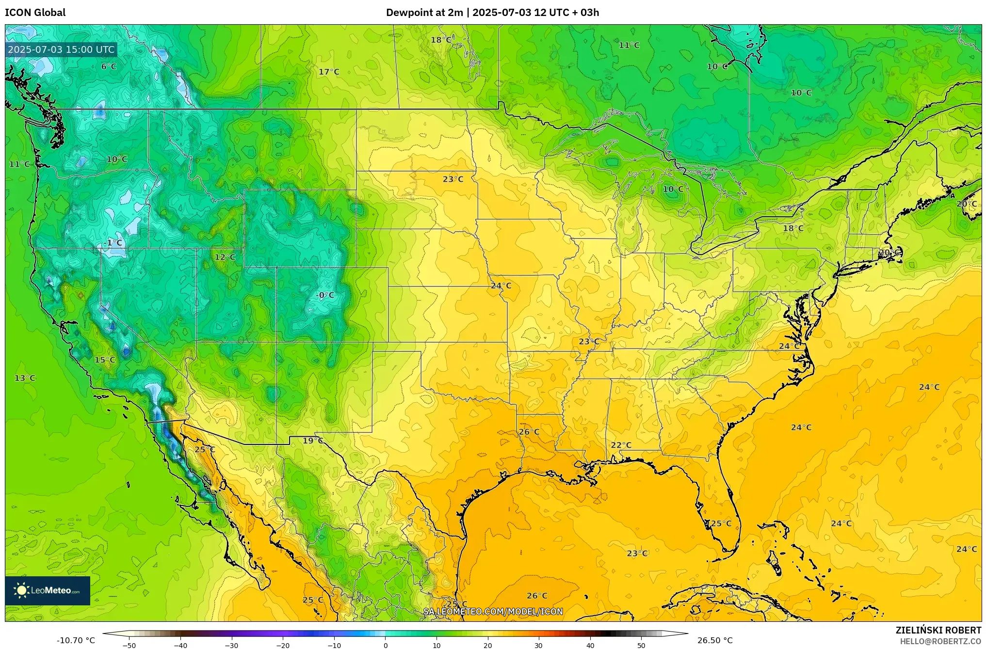 ICON model - United States, Dewpoint at 2m