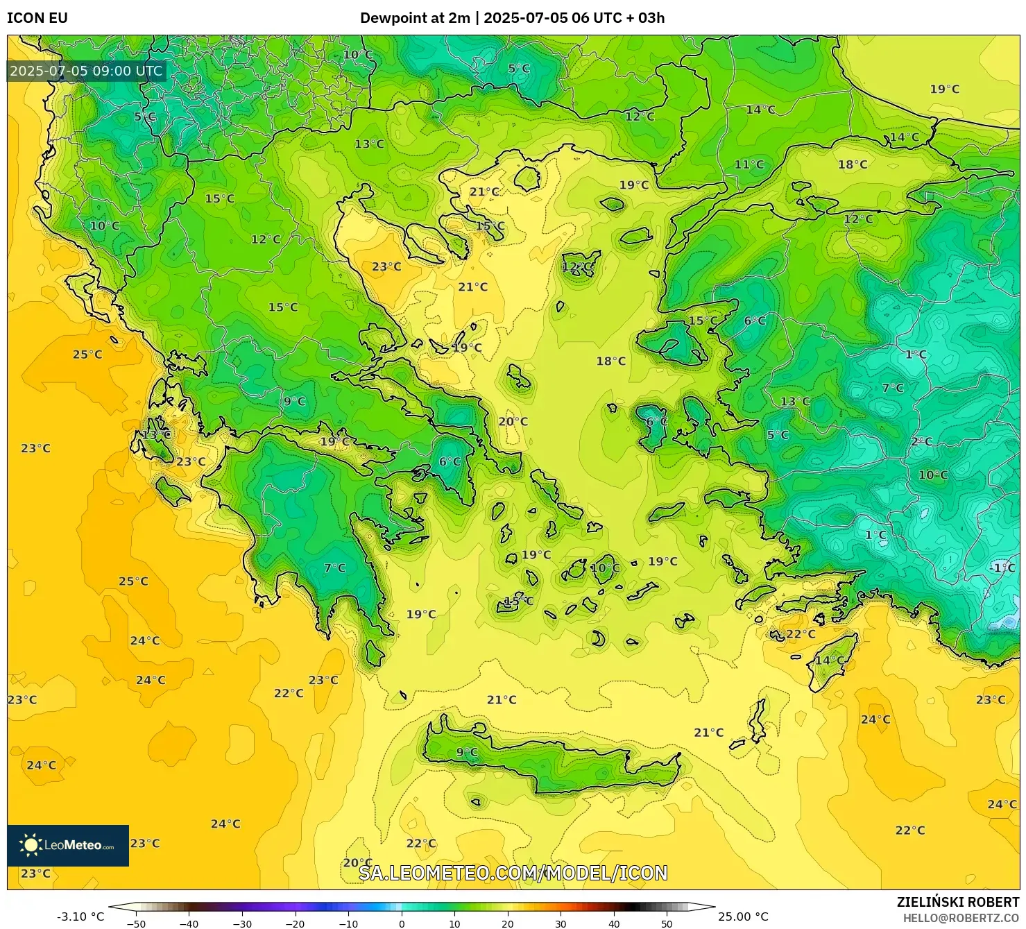 ICON model - Greece, Dewpoint at 2m ICON model - Greece, Dewpoint at 2m