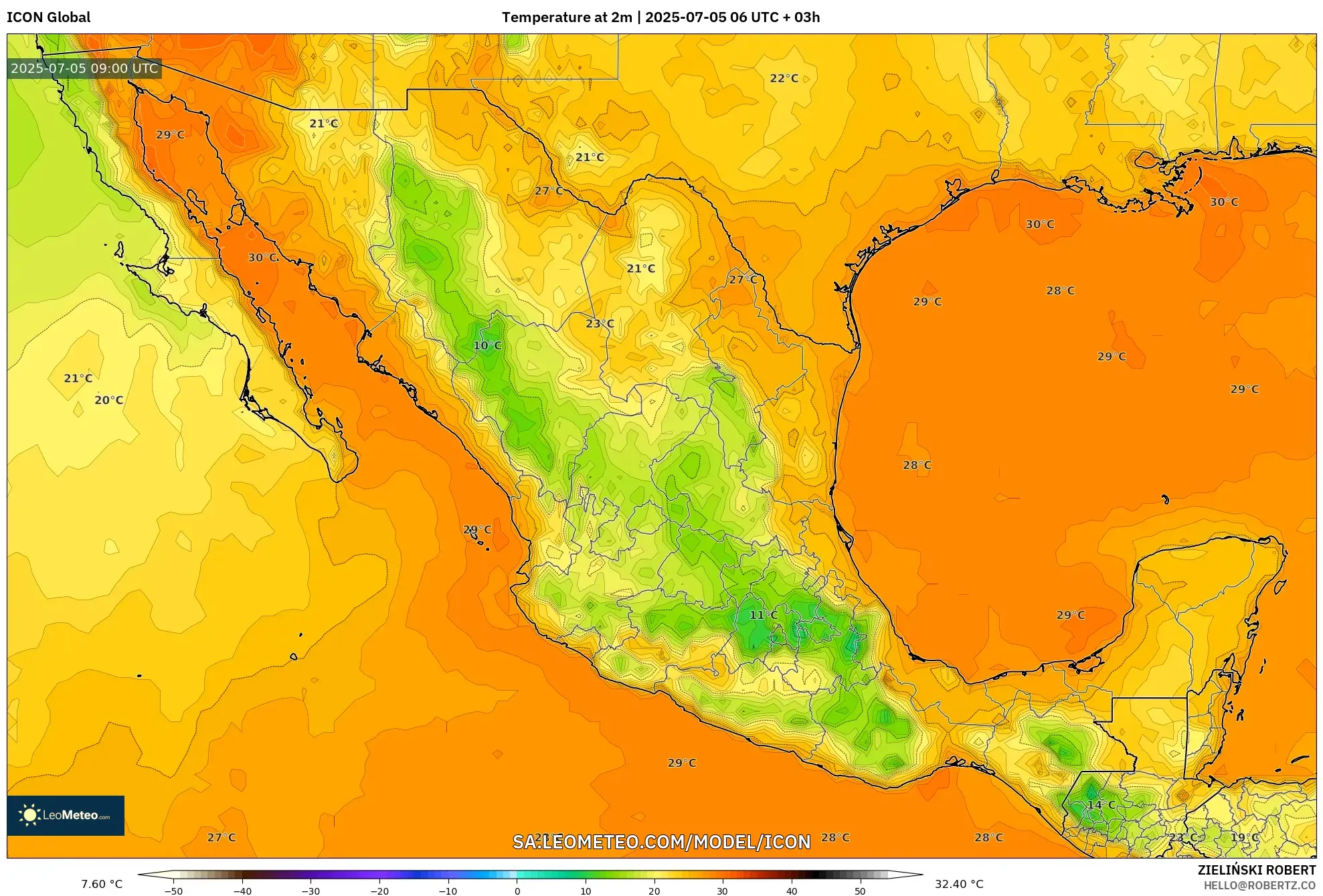 ICON model - Mexico, Temperature at 2m ICON model - Mexico, Temperature at 2m