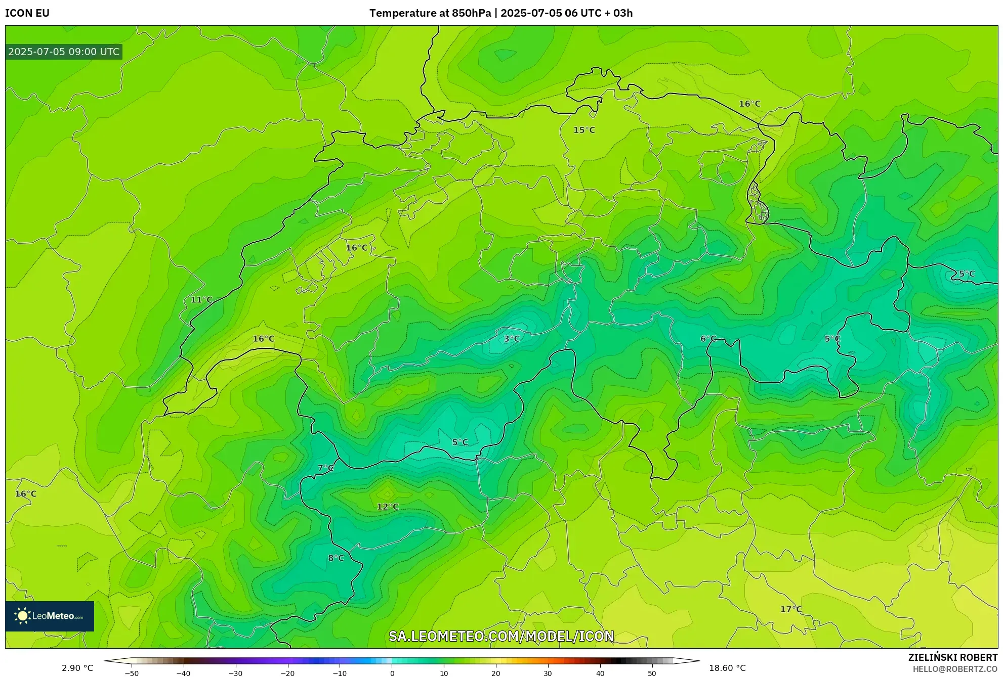 ICON model - Switzerland, Temperature at 850hPa ICON model - Switzerland, Temperature at 850hPa