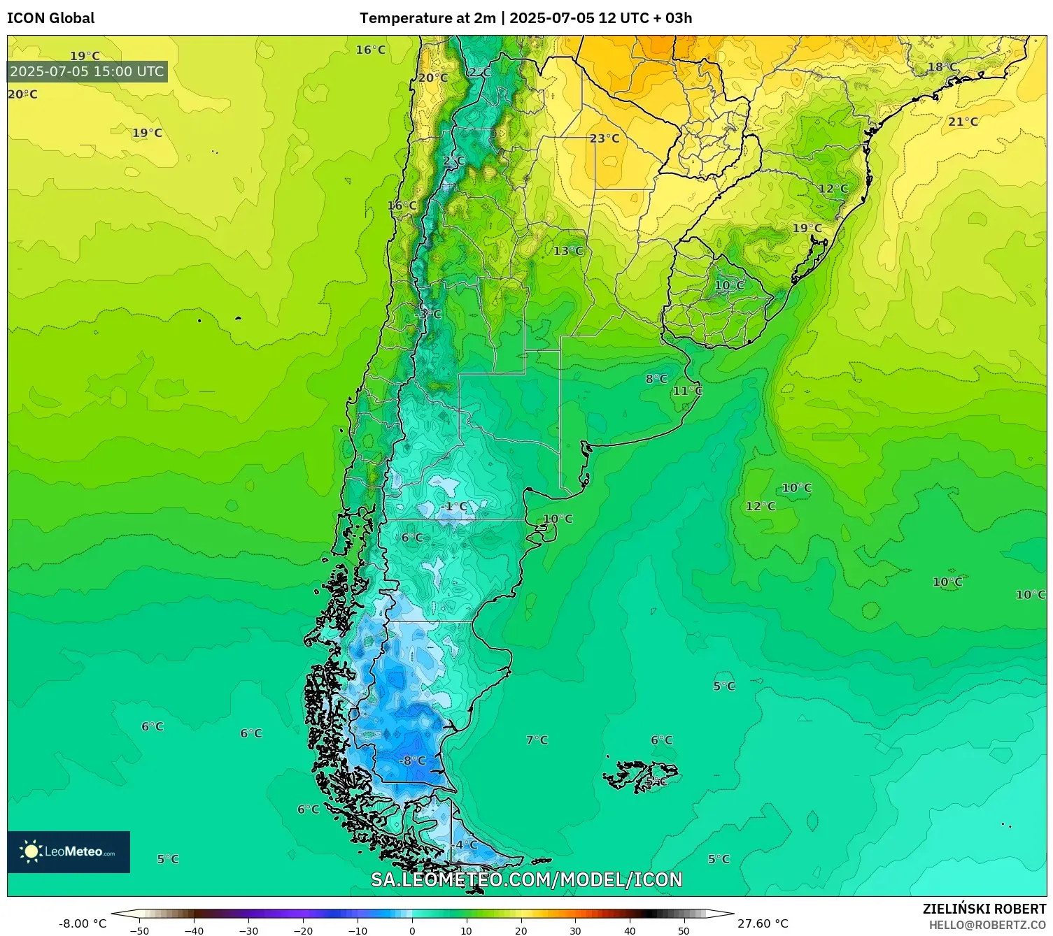 ICON model - Argentina, Temperature at 2m ICON model - Argentina, Temperature at 2m