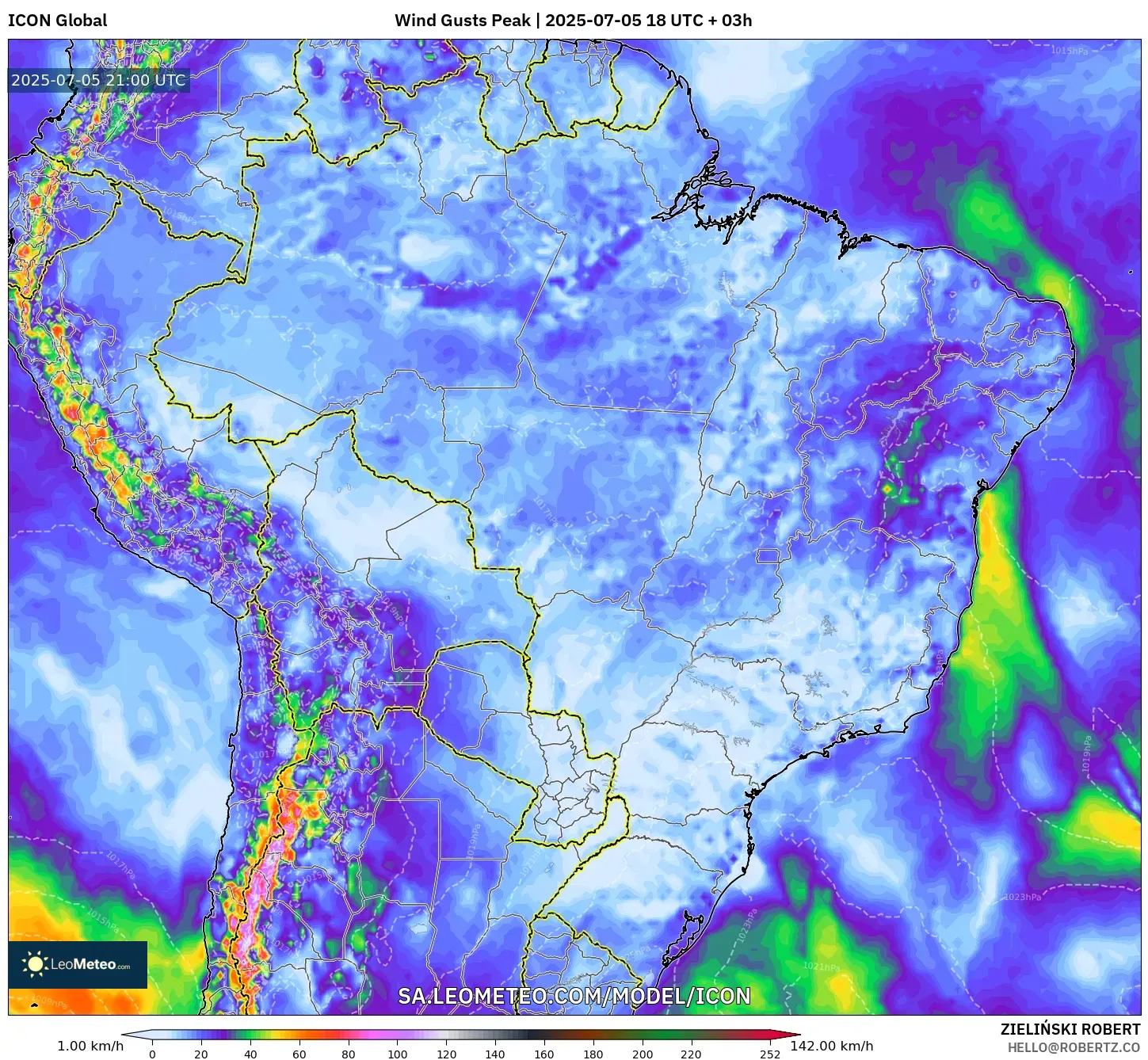 ICON model - Brazil, Wind Gusts Peak ICON model - Brazil, Wind Gusts Peak