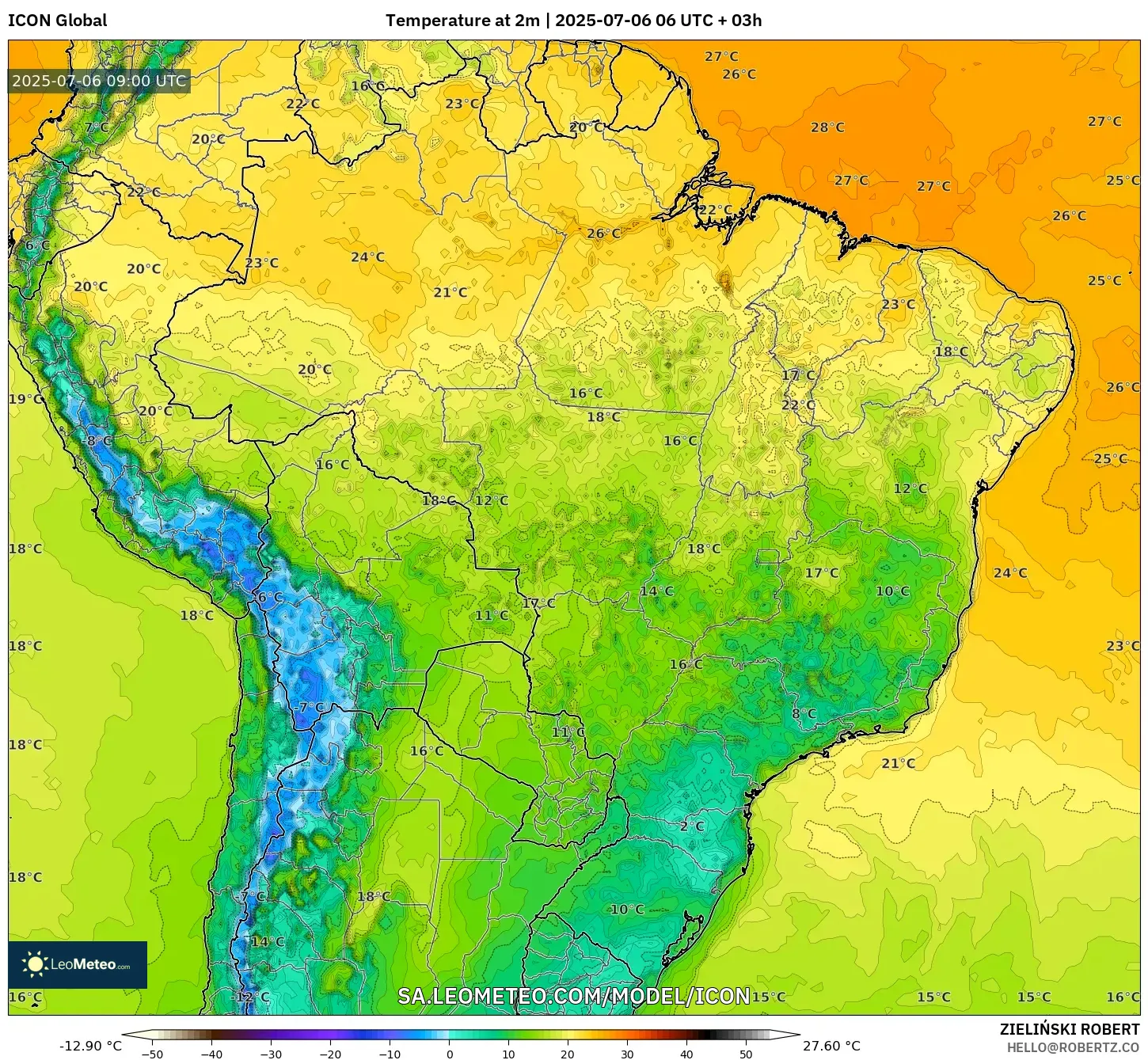 ICON model - Brazil, Temperature at 2m