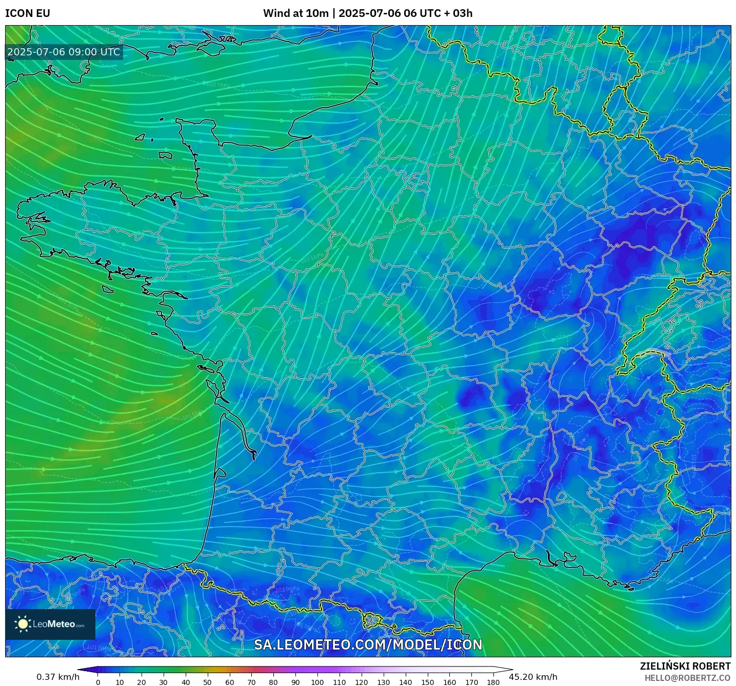 ICON model - France, Wind at 10m