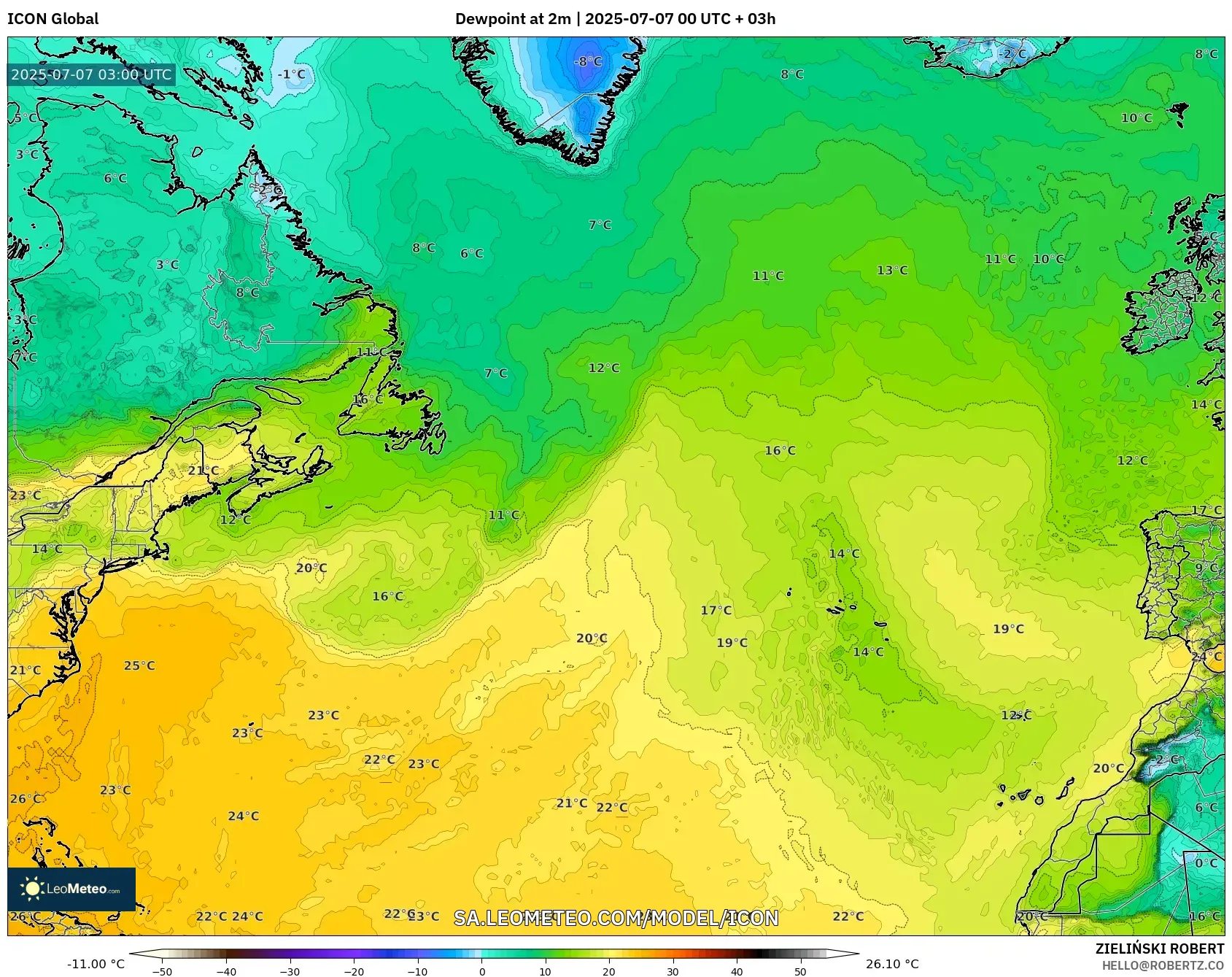 ICON model - North Atlantic, Dewpoint at 2m ICON model - North Atlantic, Dewpoint at 2m