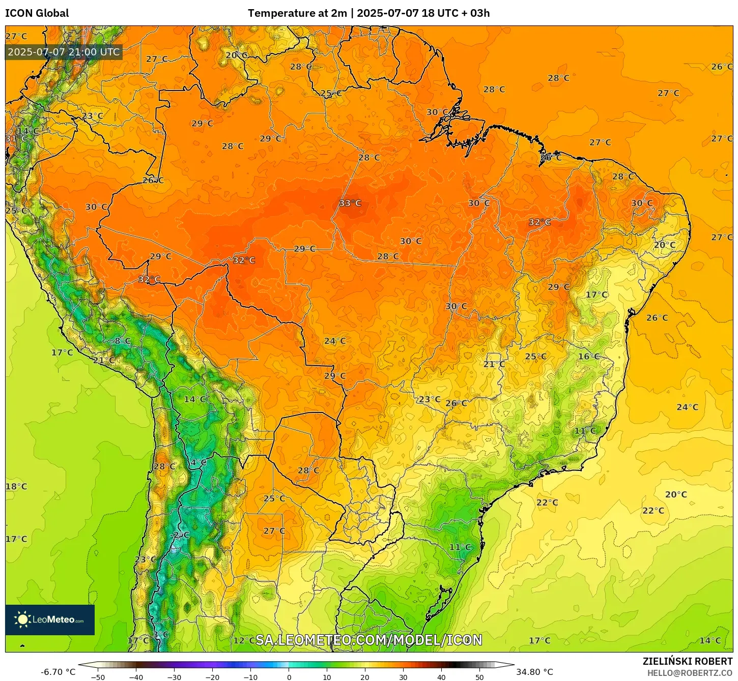 ICON model - Brazil, Temperature at 2m ICON model - Brazil, Temperature at 2m